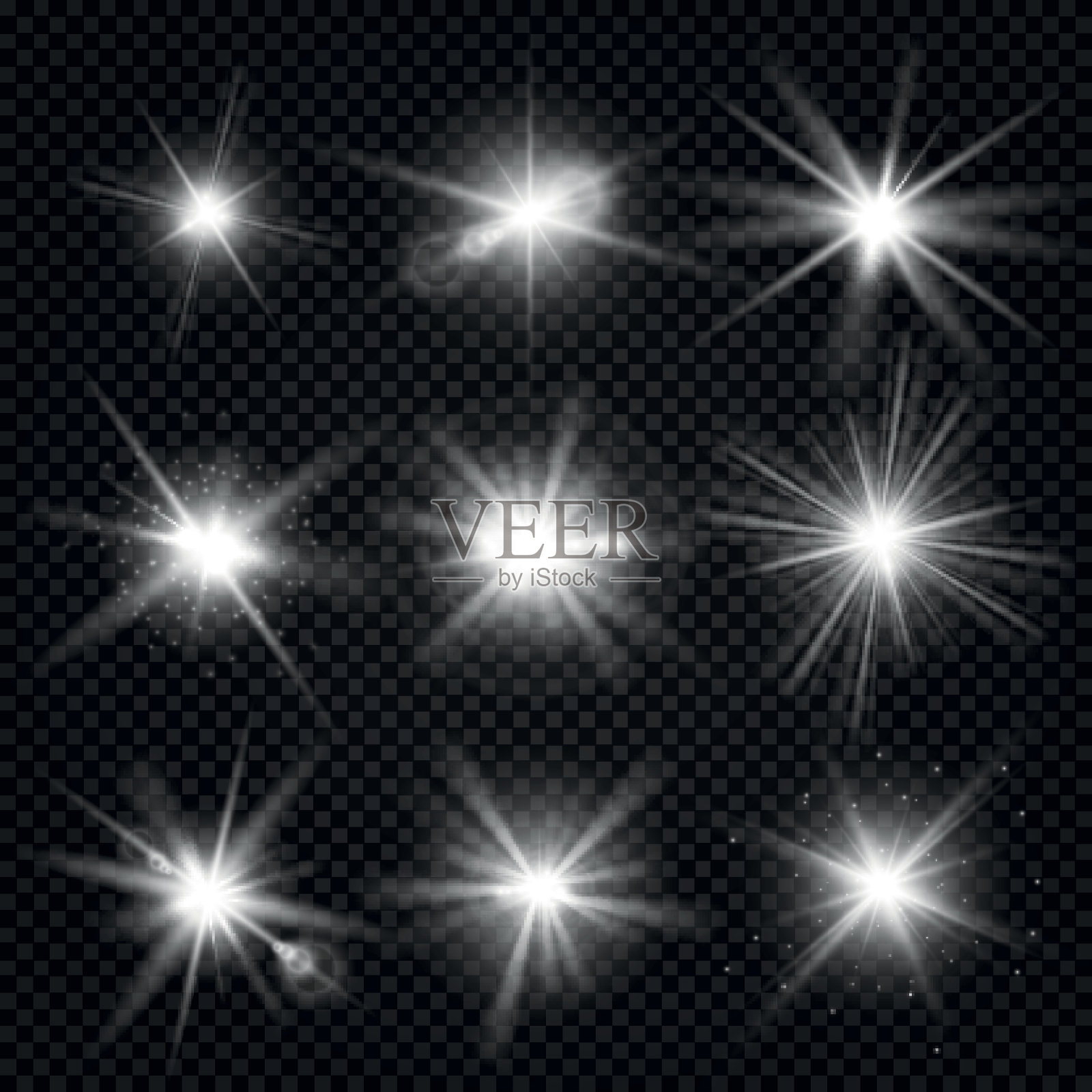 矢量白色爆发射线，发光的光，星星爆发与闪光孤立在透明的背景设计元素图片