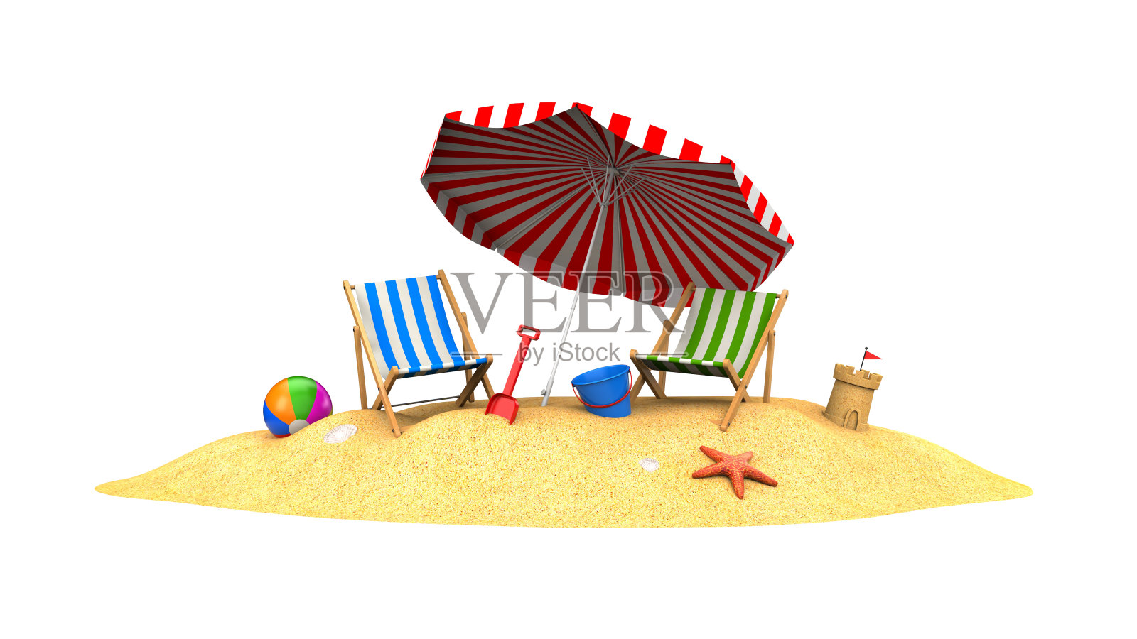 沙滩上有两把太阳躺椅和阳伞。三维演示插画图片素材