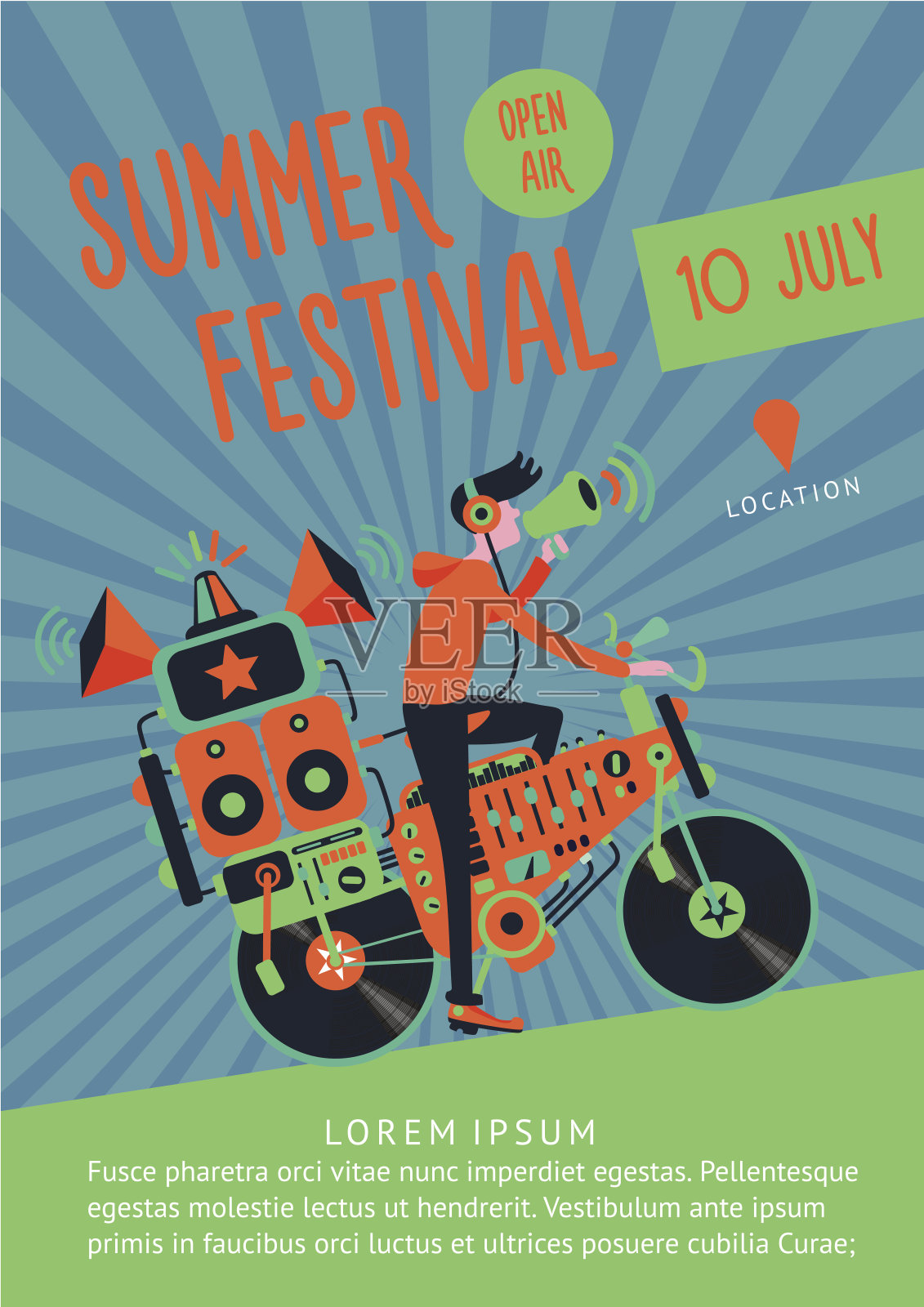 夏季音乐节音乐海报模板dj和自行车。插画图片素材