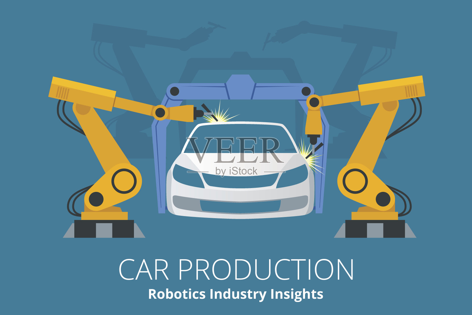 汽车制造商或汽车生产概念。机器人行业的见解。插画图片素材