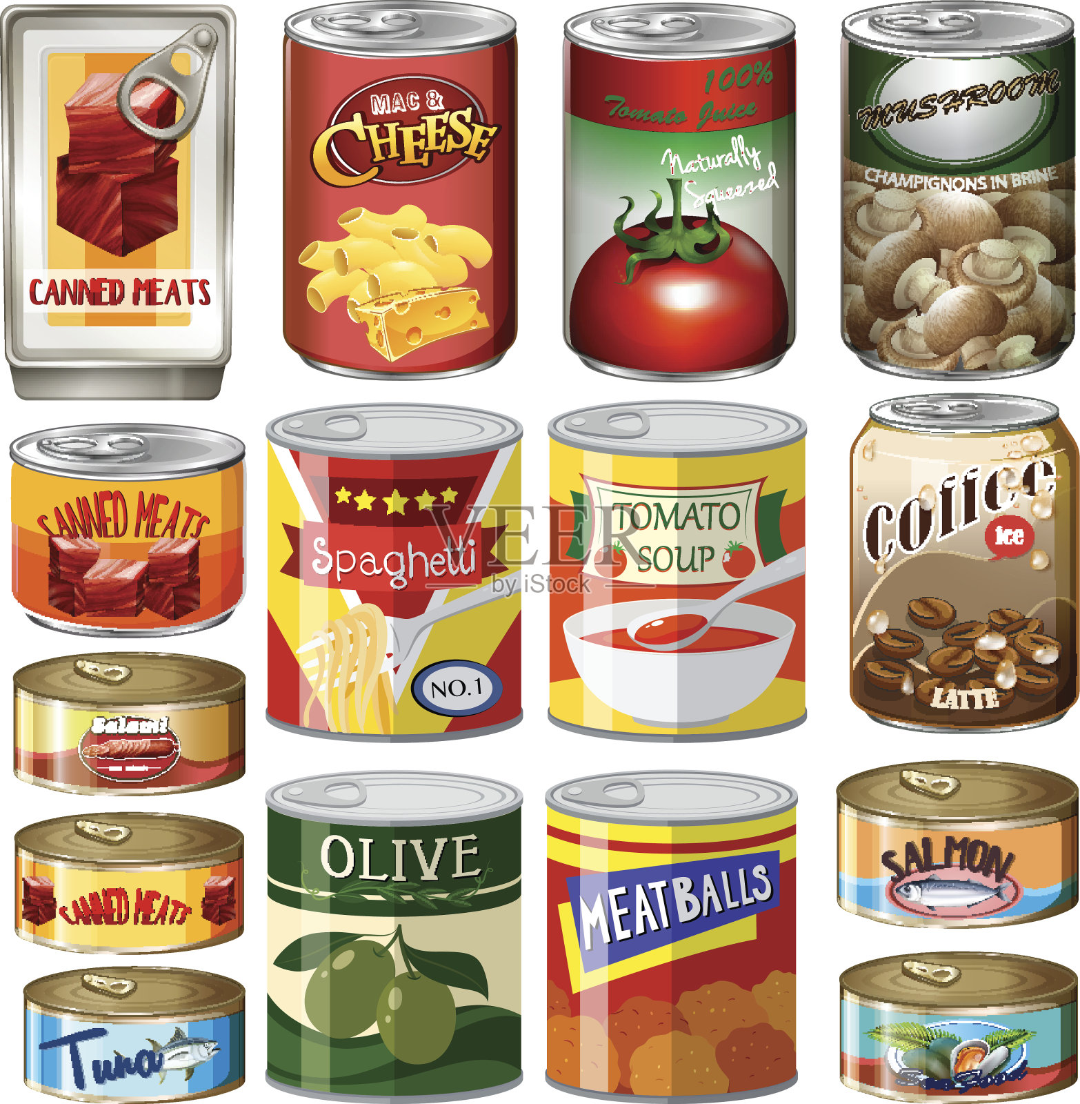 罐头里装着不同种类的食物插画图片素材