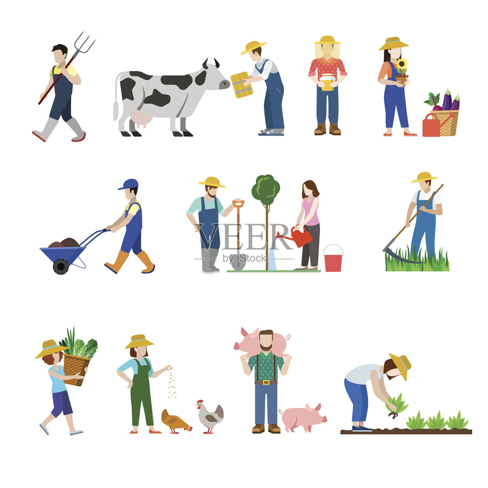 平面风格的农场职业工人的人的网页图标。农民农学家农学家家畜饲养员放牧者养鸡猪饲养员收割机养蜂人。有创造力的人集合。设计元素图片
