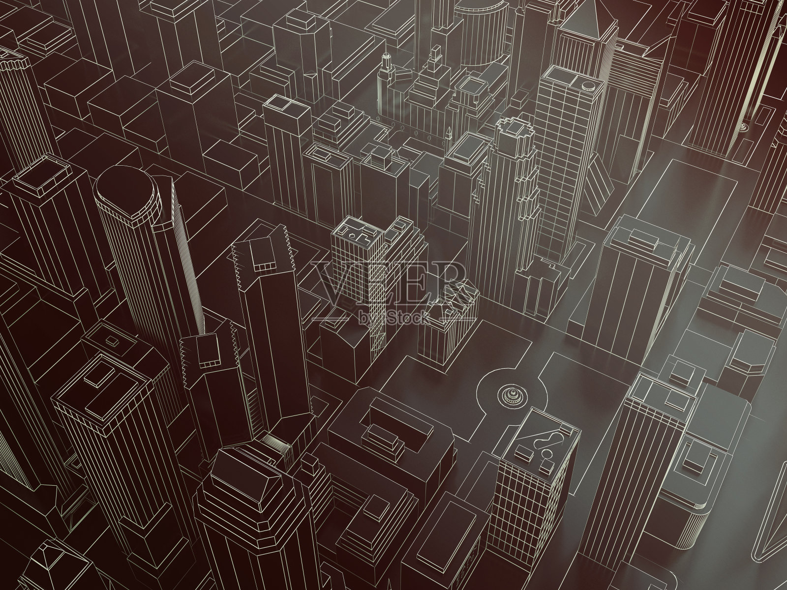 暗低聚城市绿色网格3d渲染插画图片素材