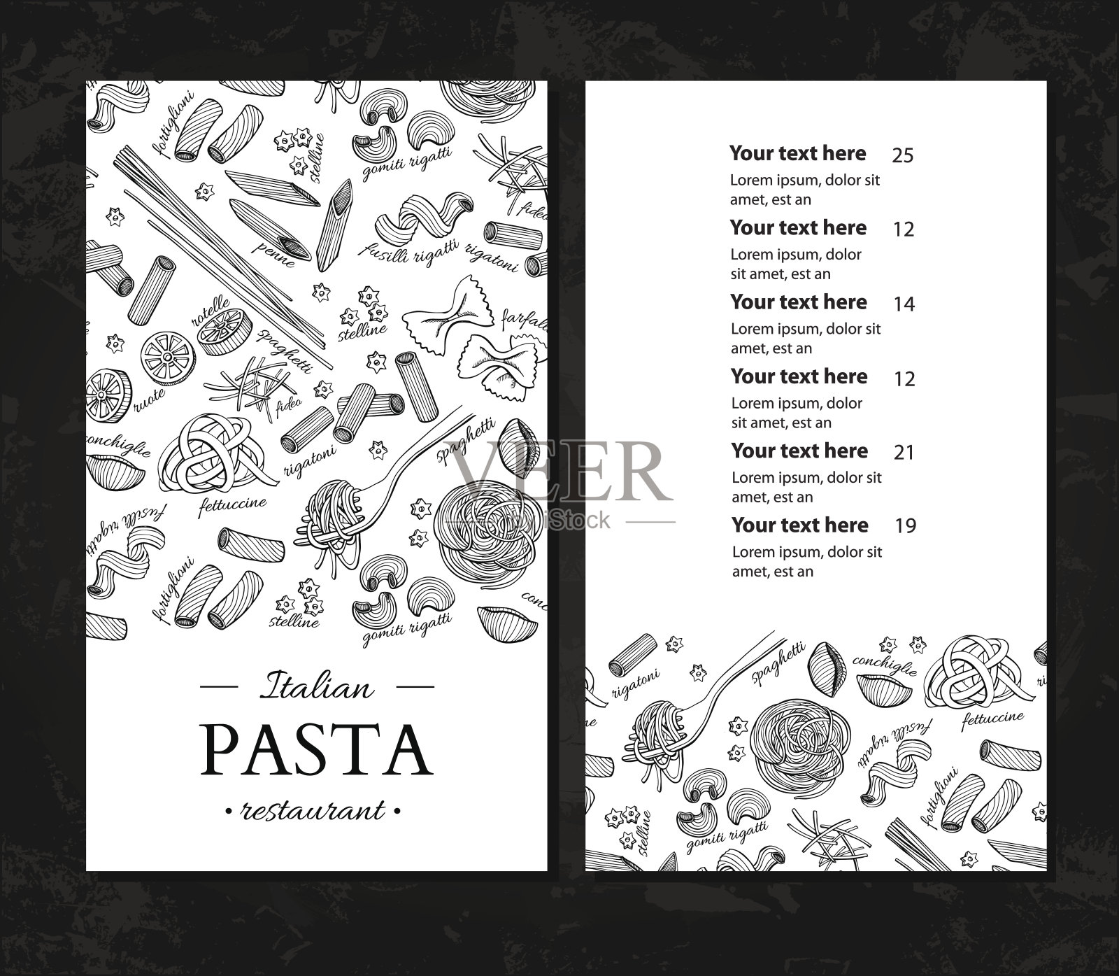 意大利面餐厅矢量菜单。手绘雕刻横幅。设计模板素材
