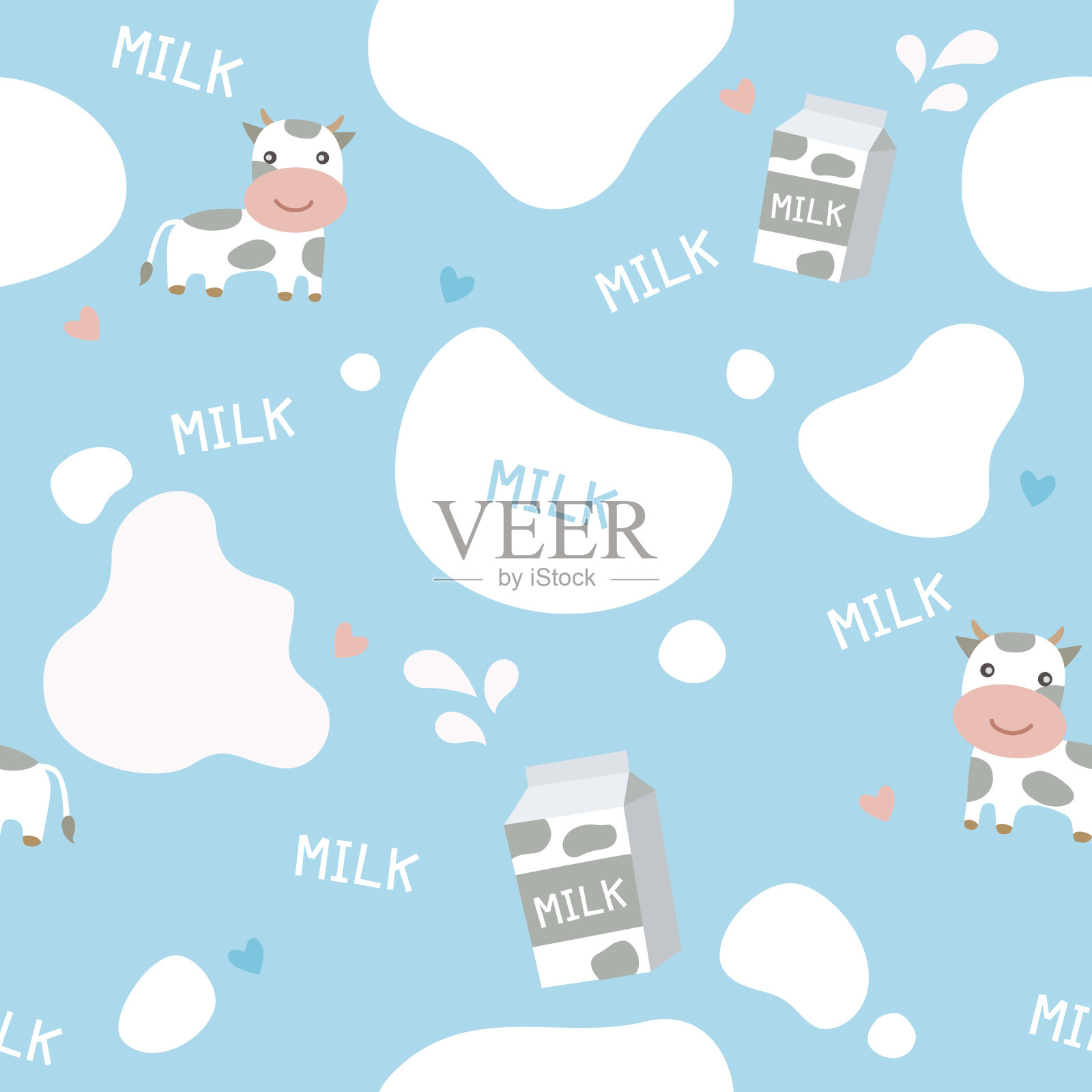 世界牛奶日可爱的无缝蓝色背景图案装饰小奶牛牛奶盒和喷溅设计。插画图片素材