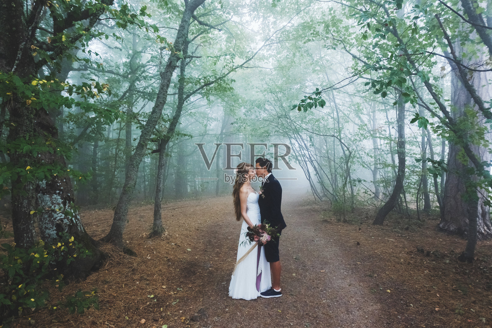 新郎新娘漫步在秋天的森林里。神奇的秋雾和神秘的心情。美丽的大自然照片摄影图片