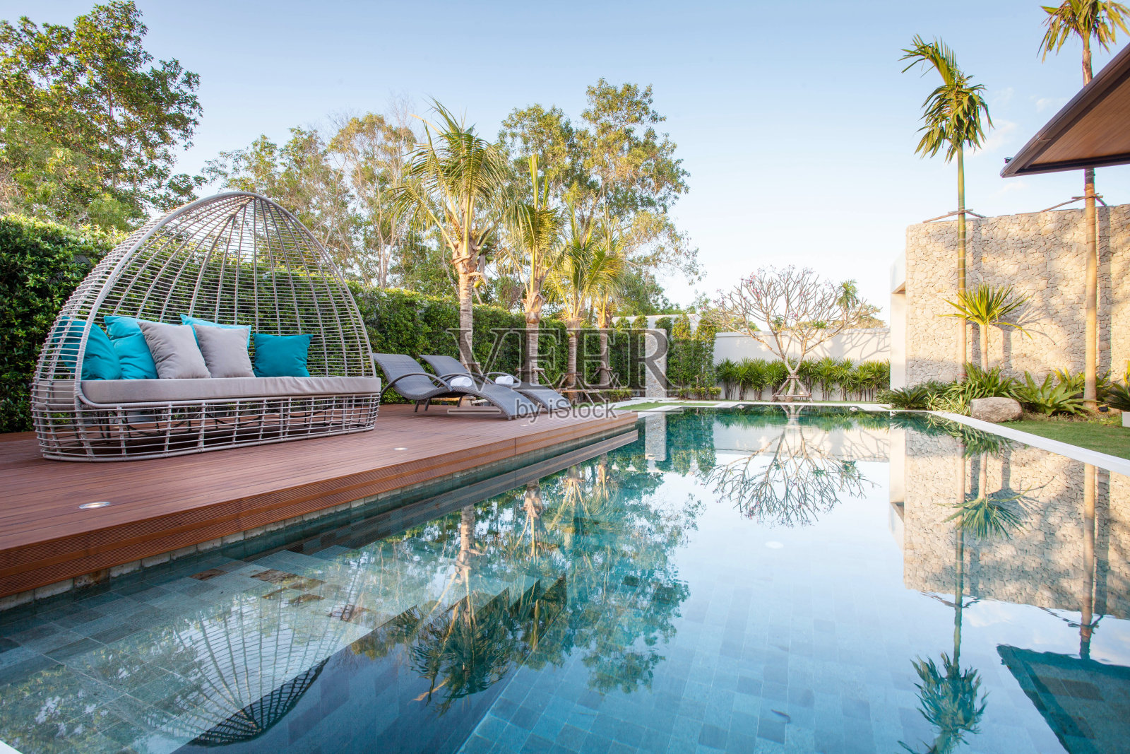 泳池别墅的内外设计，以生活区、绿化花园、无限大游泳池、木甲板和椰子树环绕的日光浴床为特色照片摄影图片