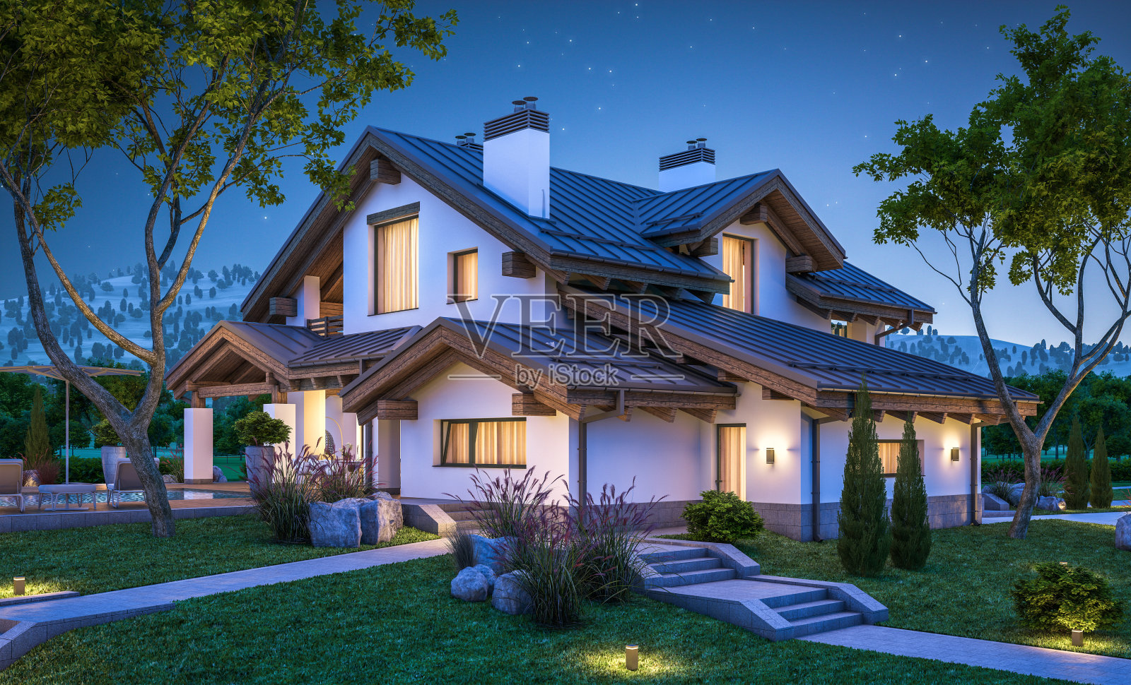 木屋风格的现代舒适住宅的3d渲染照片摄影图片