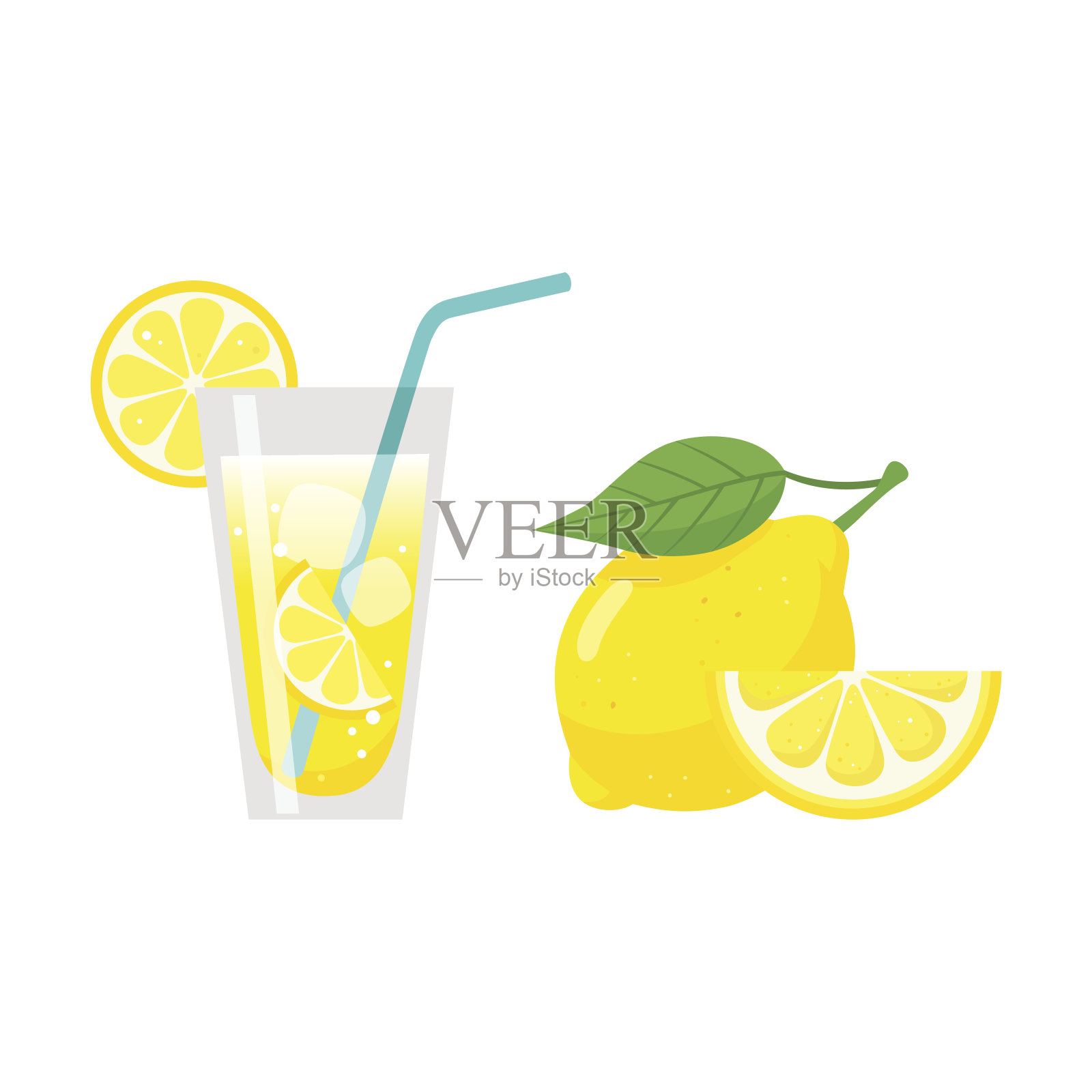 一杯柠檬汁，吸管，柠檬片和新鲜柠檬水果插画图片素材