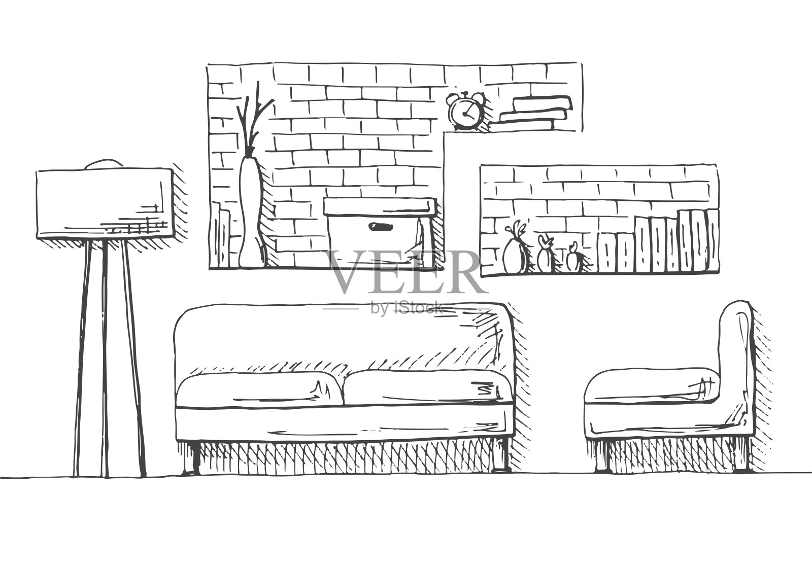 沙发、扶手椅、落地灯。带架子的砖墙。矢量插图的草图风格。插画图片素材