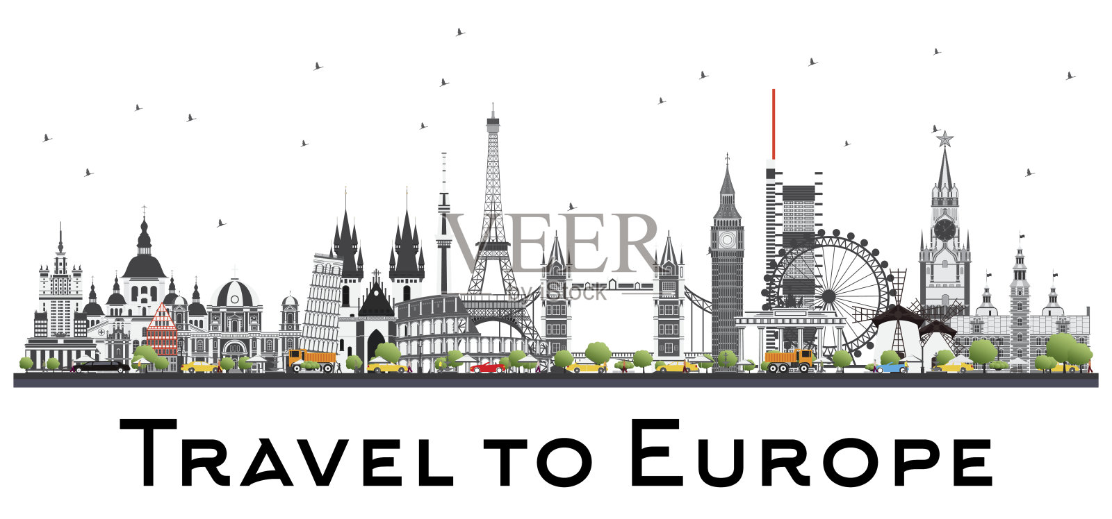 欧洲著名地标。插画图片素材
