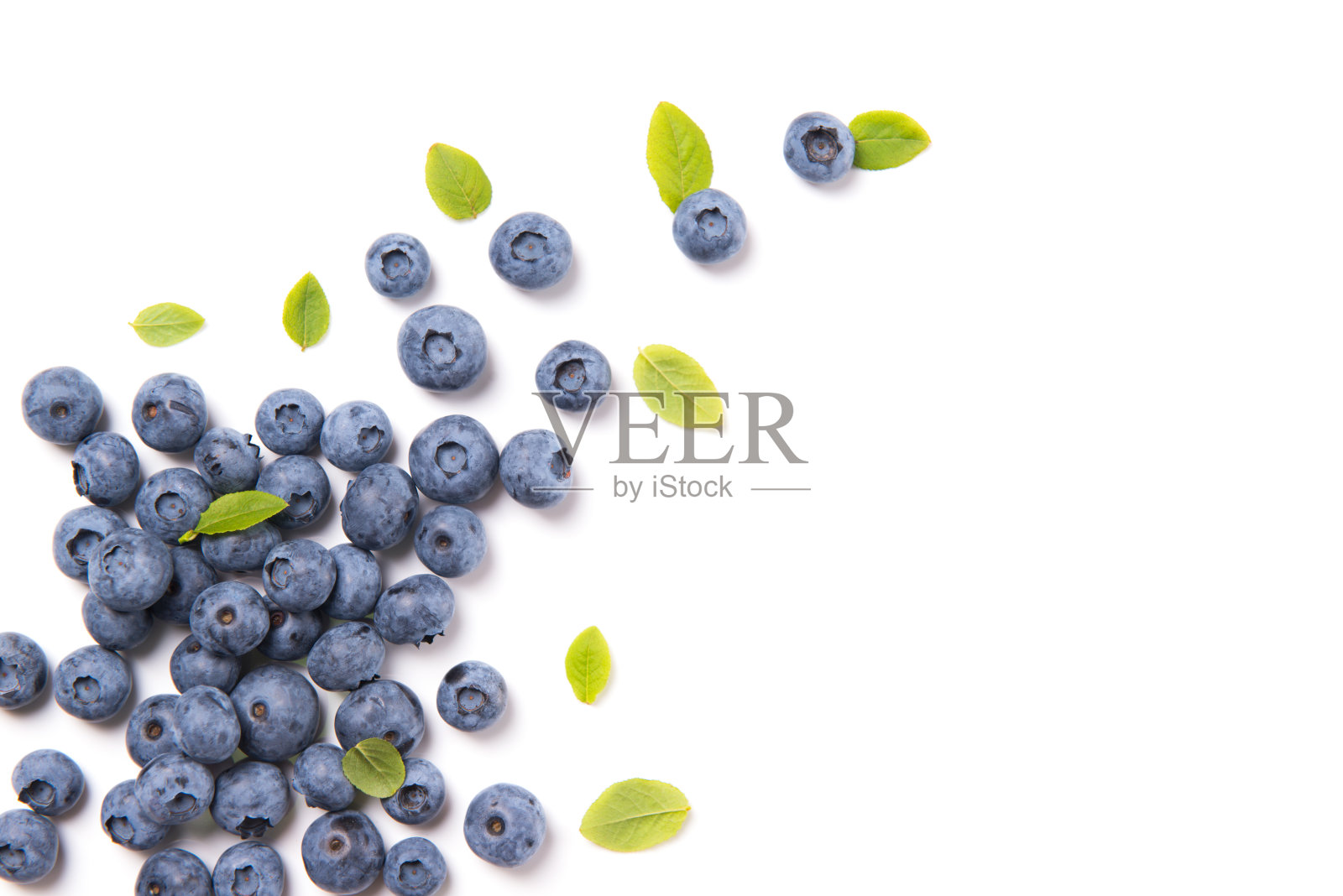 新鲜的蓝莓和叶子，浆果框架孤立在白色背景，俯视图照片摄影图片