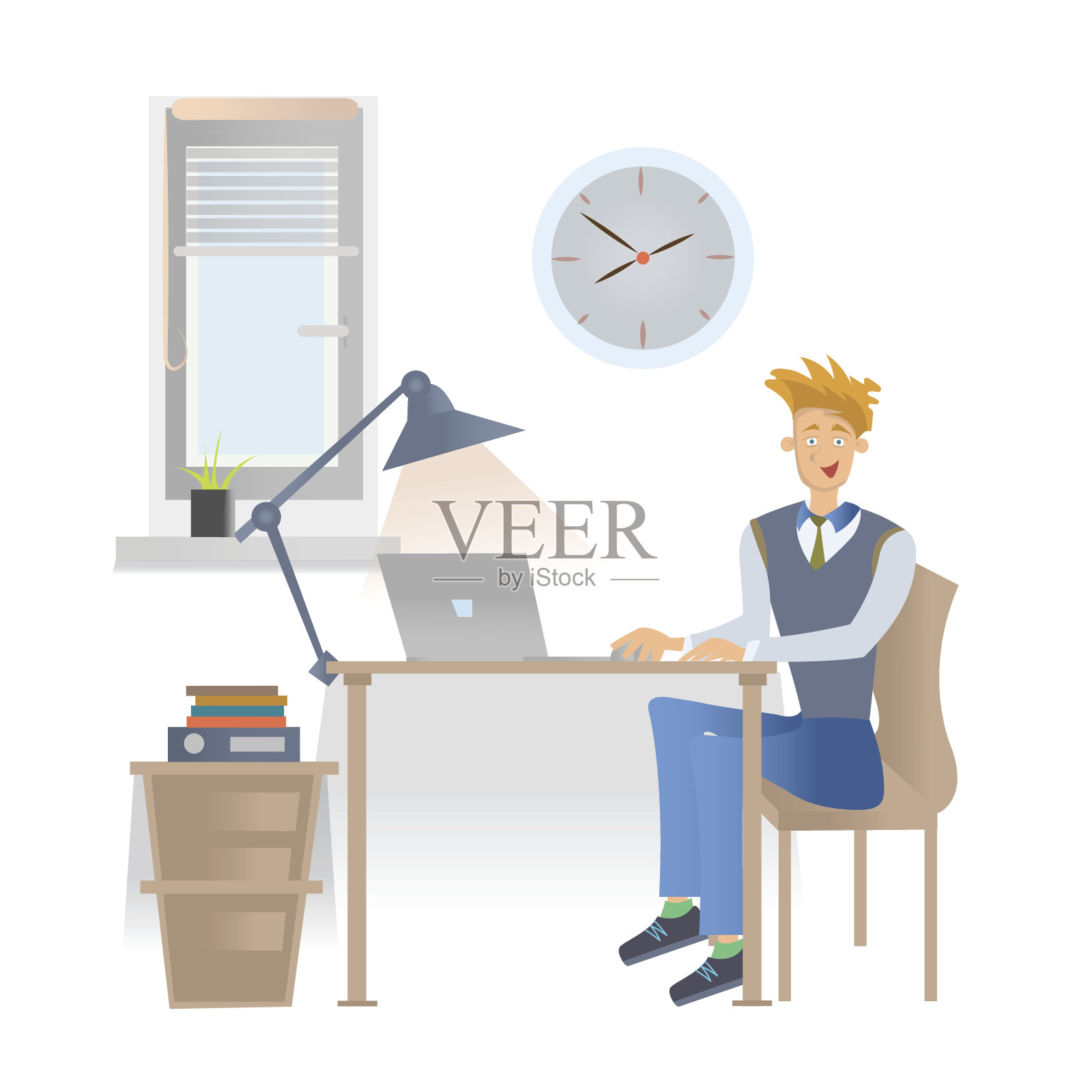 一个穿着便服的年轻人正坐在办公室里，手里拿着一台笔记本电脑。矢量插图，孤立在白色上。插画图片素材