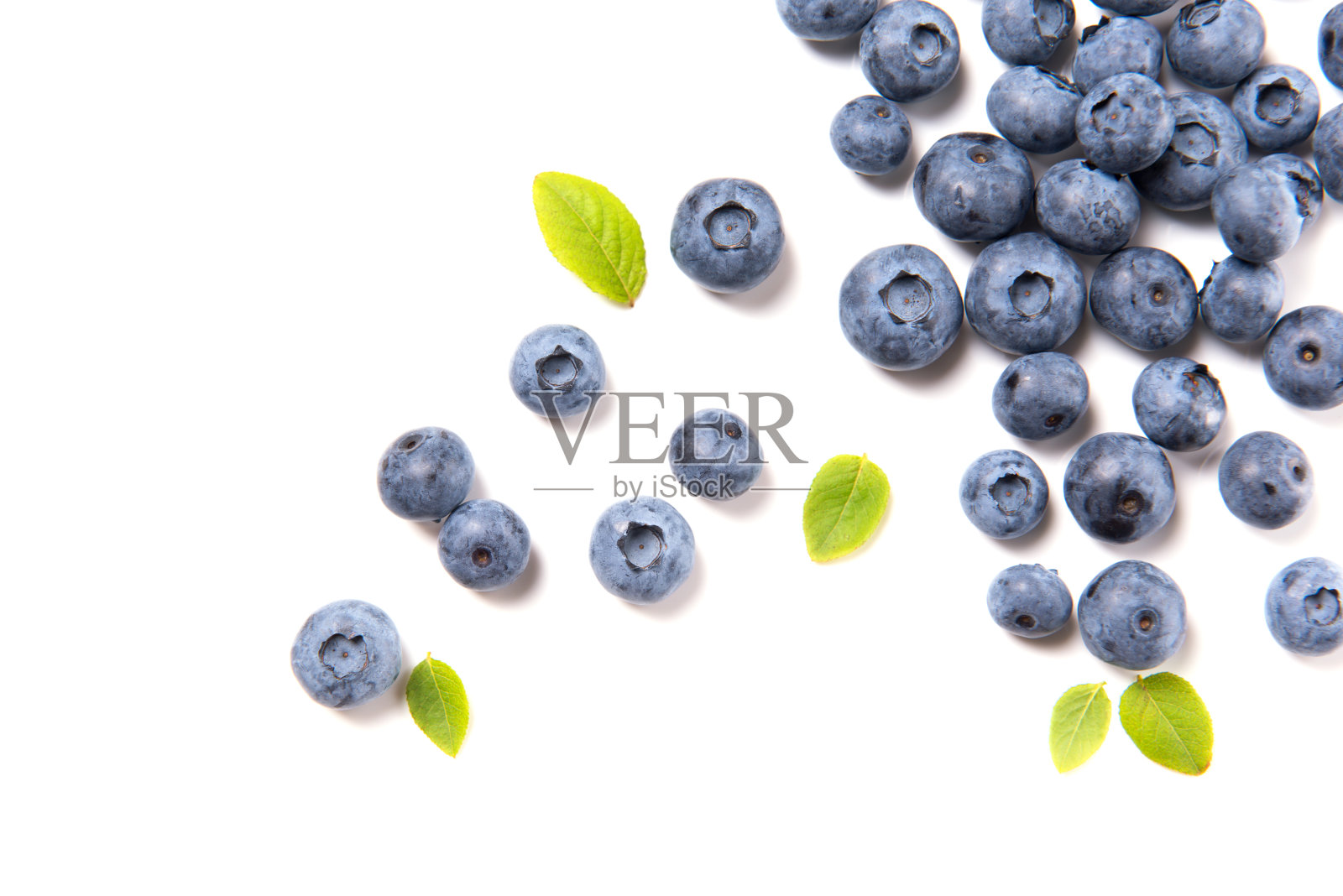 新鲜的蓝莓和叶子，浆果框架孤立在白色背景，俯视图照片摄影图片