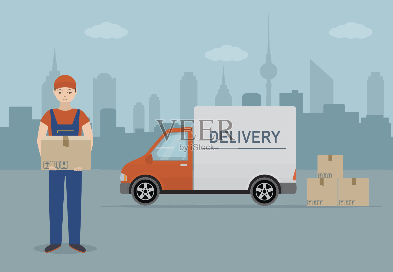 一个拿着纸箱和货车的男人，以城市为背景。插画图片素材