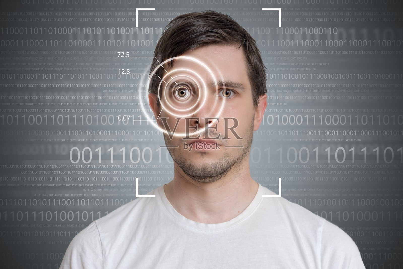 人脸检测与识别。计算机视觉的概念。二进制代码在后台。照片摄影图片