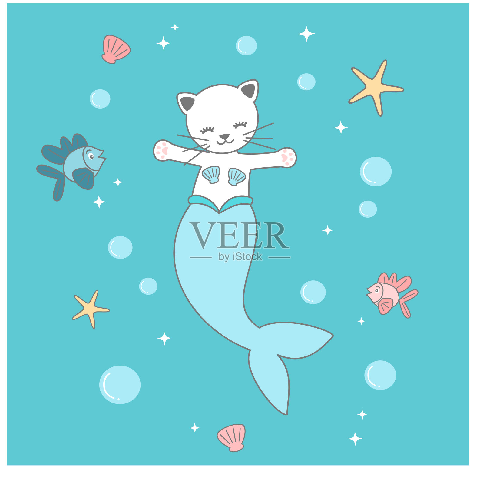 可爱的卡通美人鱼猫下海矢量搞笑插画插画图片素材