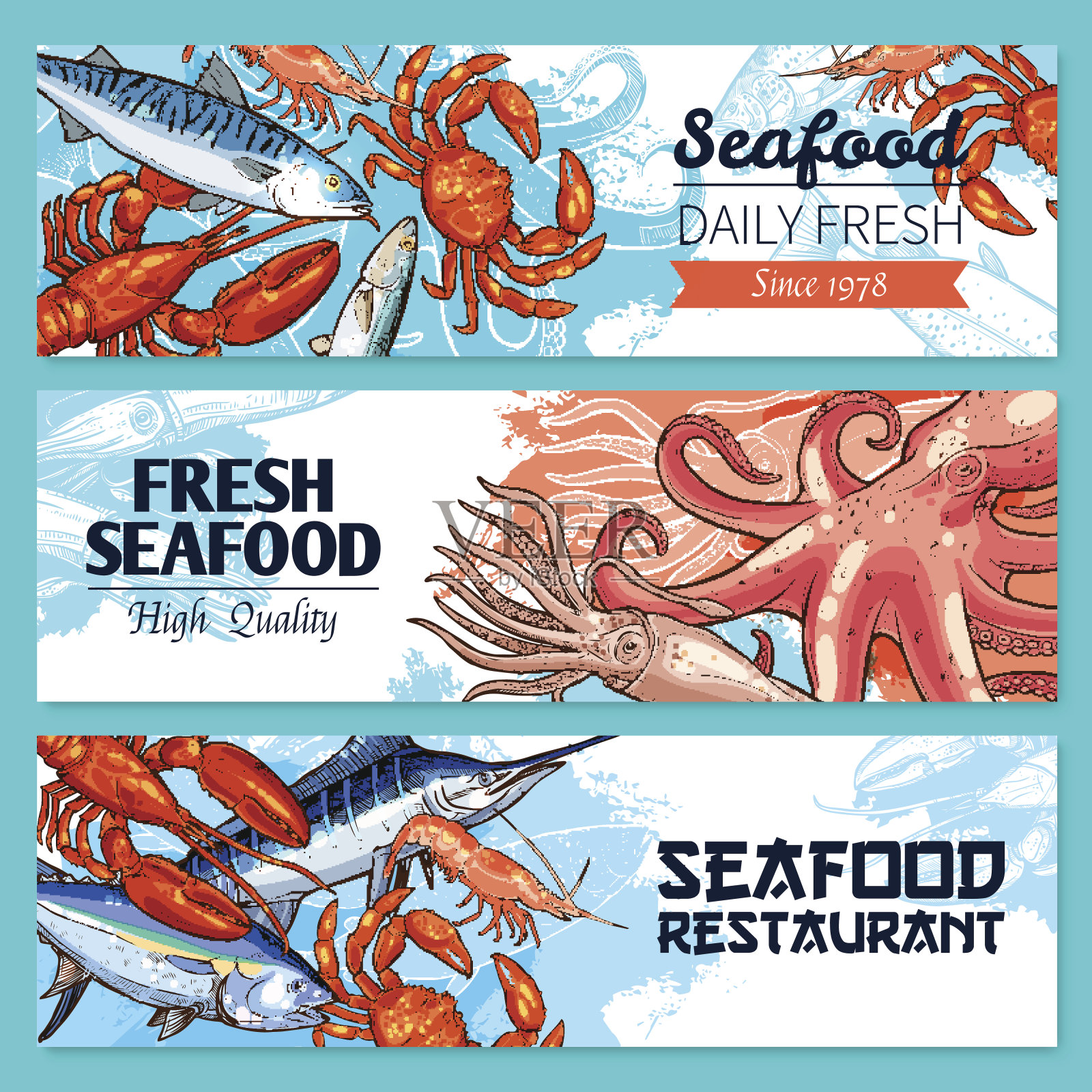 海鲜餐厅横幅矢量草图设置插画图片素材