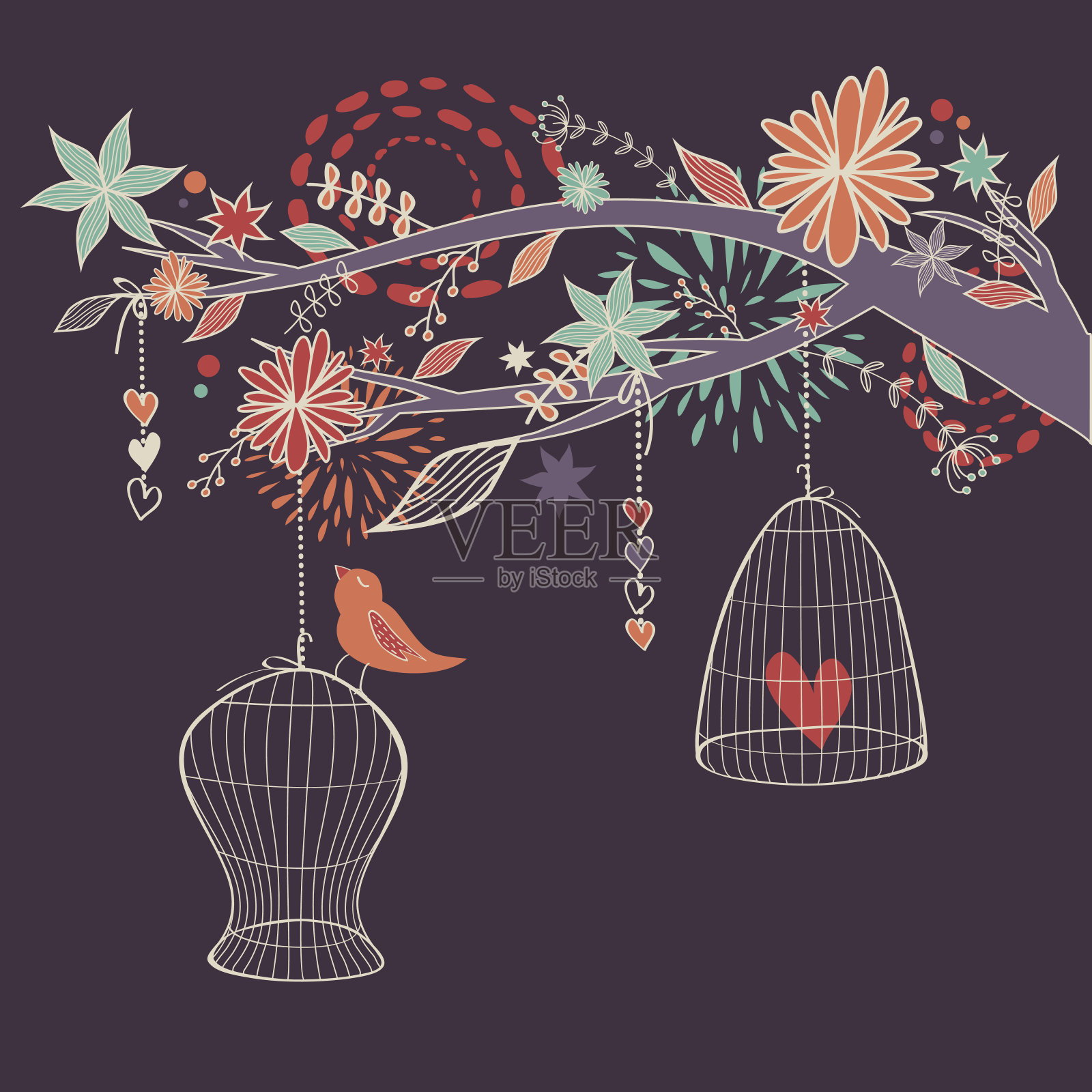 矢量浪漫插图与鸟出笼，树枝和花。自由概念的名片。插画图片素材