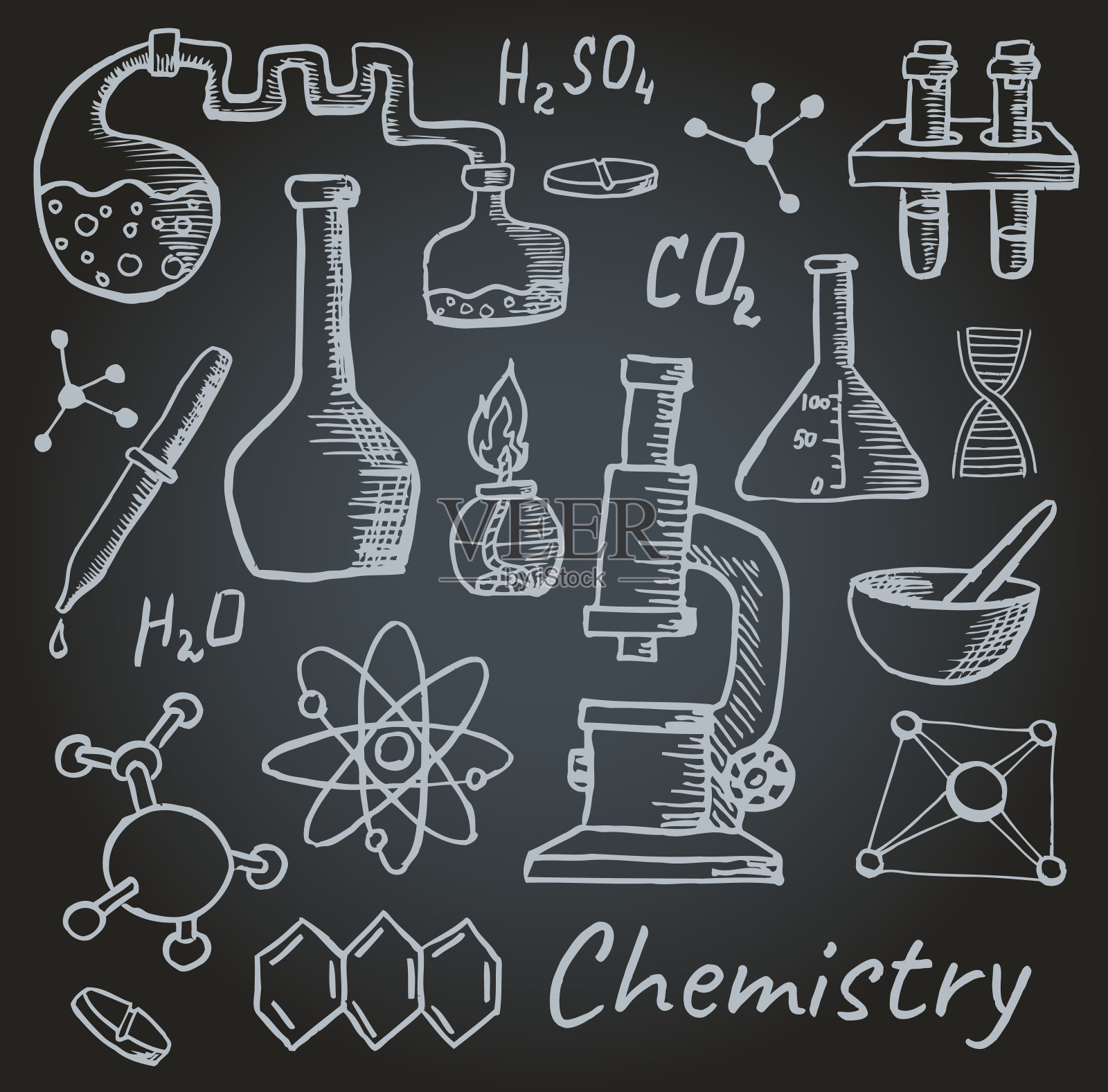 一组物体，化学公式和元素。化学插画图片素材