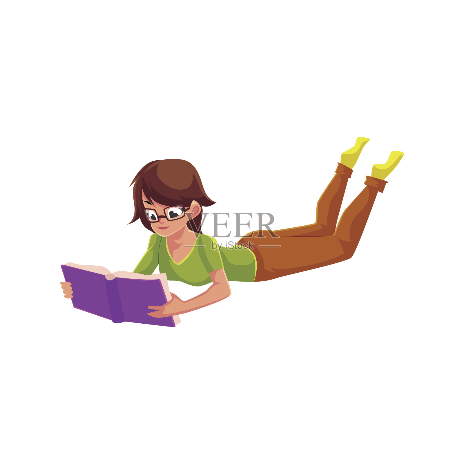 女孩，戴眼镜的女人躺着看书插画图片素材