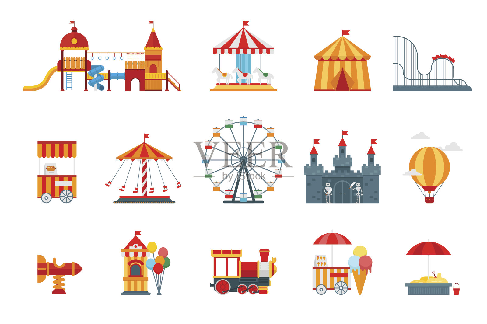 游乐园矢量平面元素，有趣的图标，孤立在白色背景与摩天轮，城堡，景点，马戏团，气球，秋千，旋转木马。建筑娱乐元素向量设计元素图片
