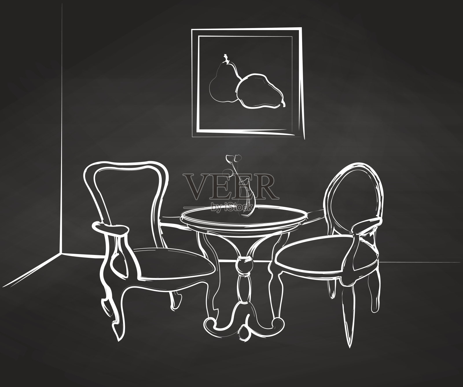 把草图画在房间里。在房间的角落里设计一张桌子和两把椅子。插画图片素材
