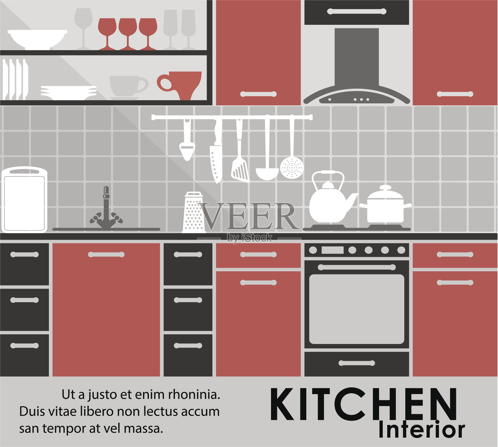 现代厨房内部的平面风格插画图片素材