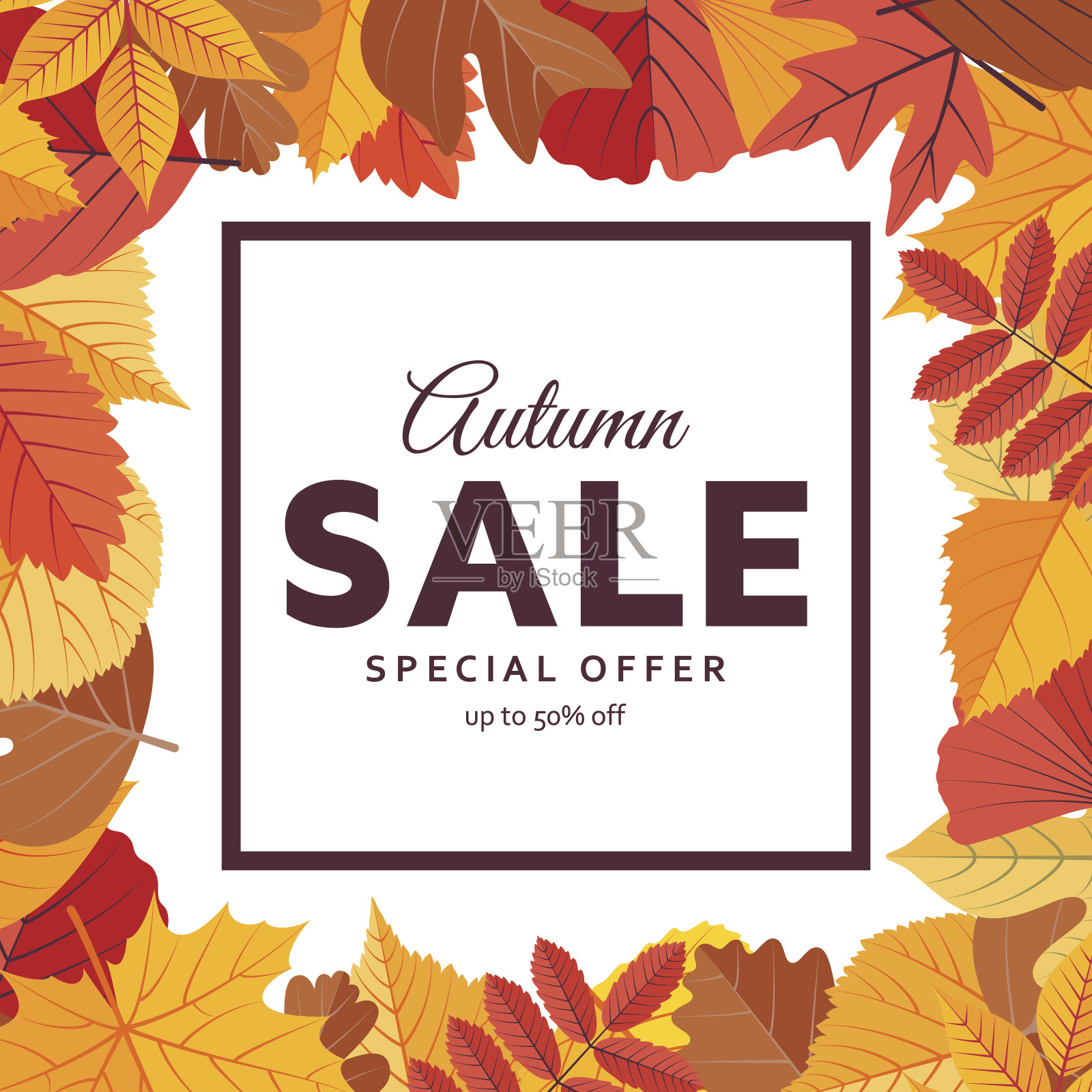 秋季销售背景模板与明亮的树叶设计元素图片