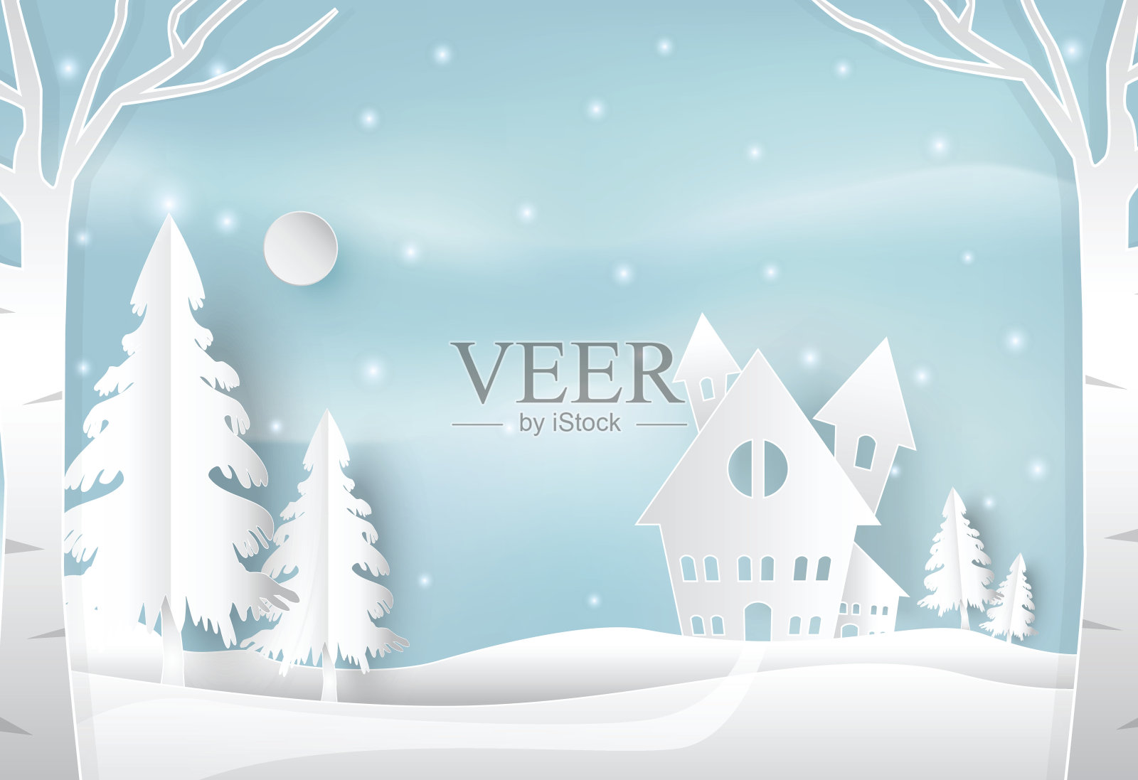 寒假和雪乡以蓝天自然为背景。圣诞季纸艺术风格插画图片素材