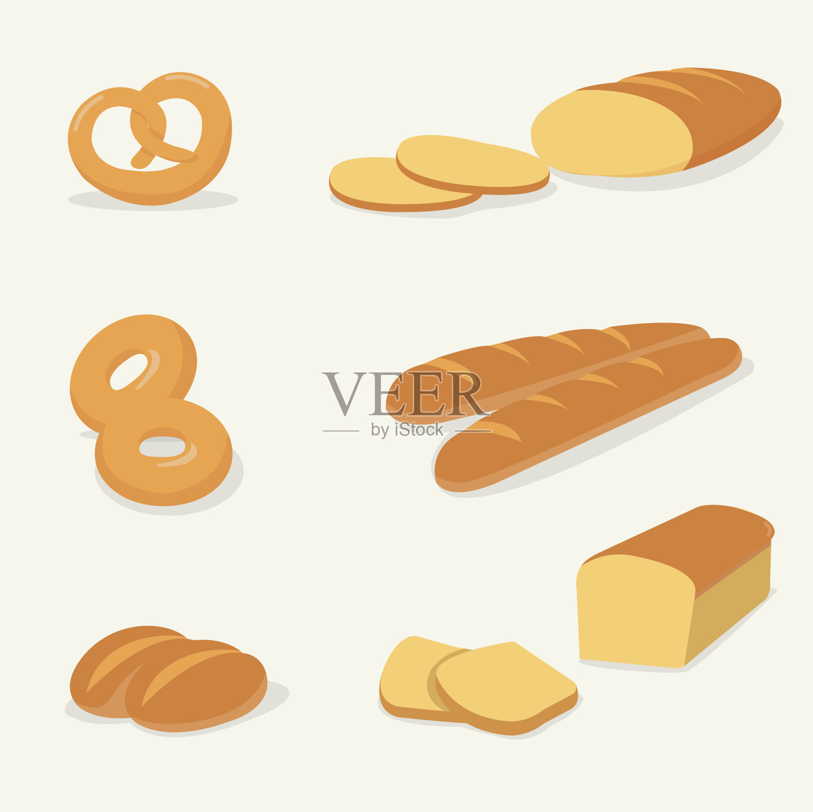 平面面包集矢量与孤立的背景。法国面包，白面包，甜甜圈矢量插图。插画图片素材