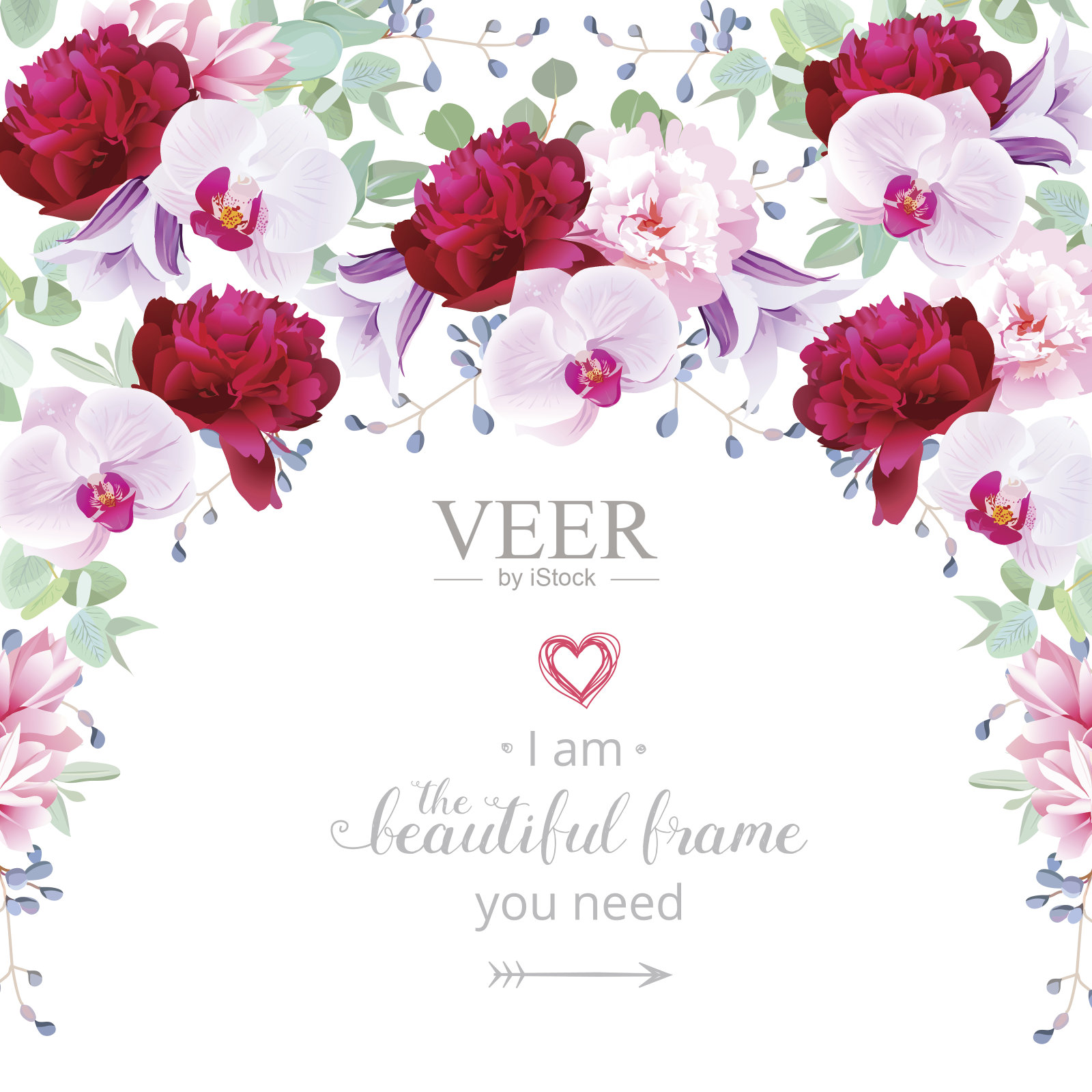半圆形花环框架与玫瑰，牡丹，风铃和兰花设计元素图片