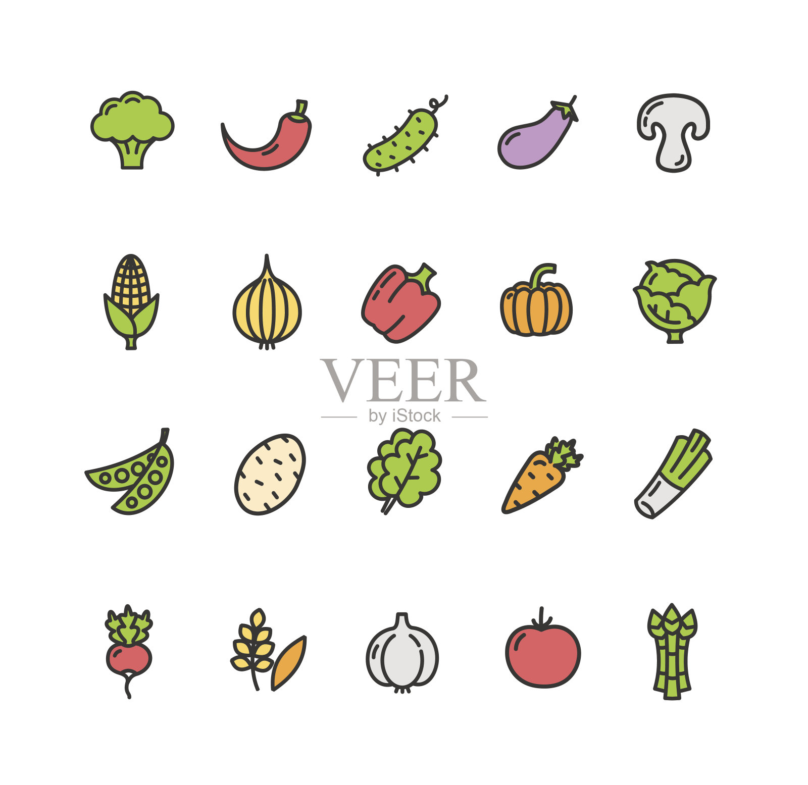 蔬菜食品颜色细线图标设置。向量设计元素图片
