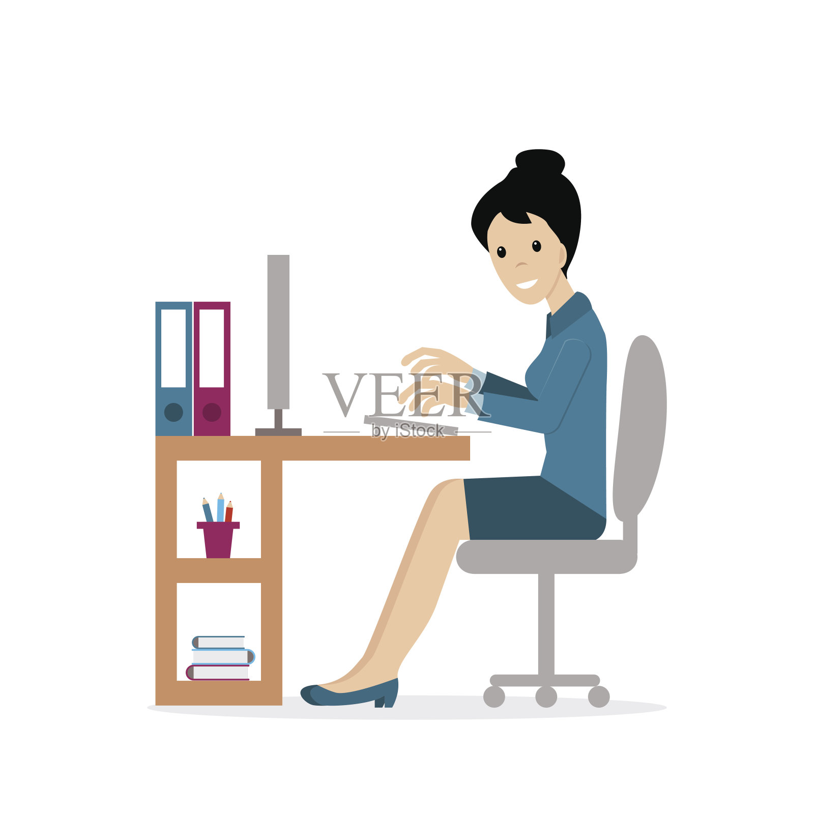 微笑的白人女人在办公室里对着电脑工作插画图片素材
