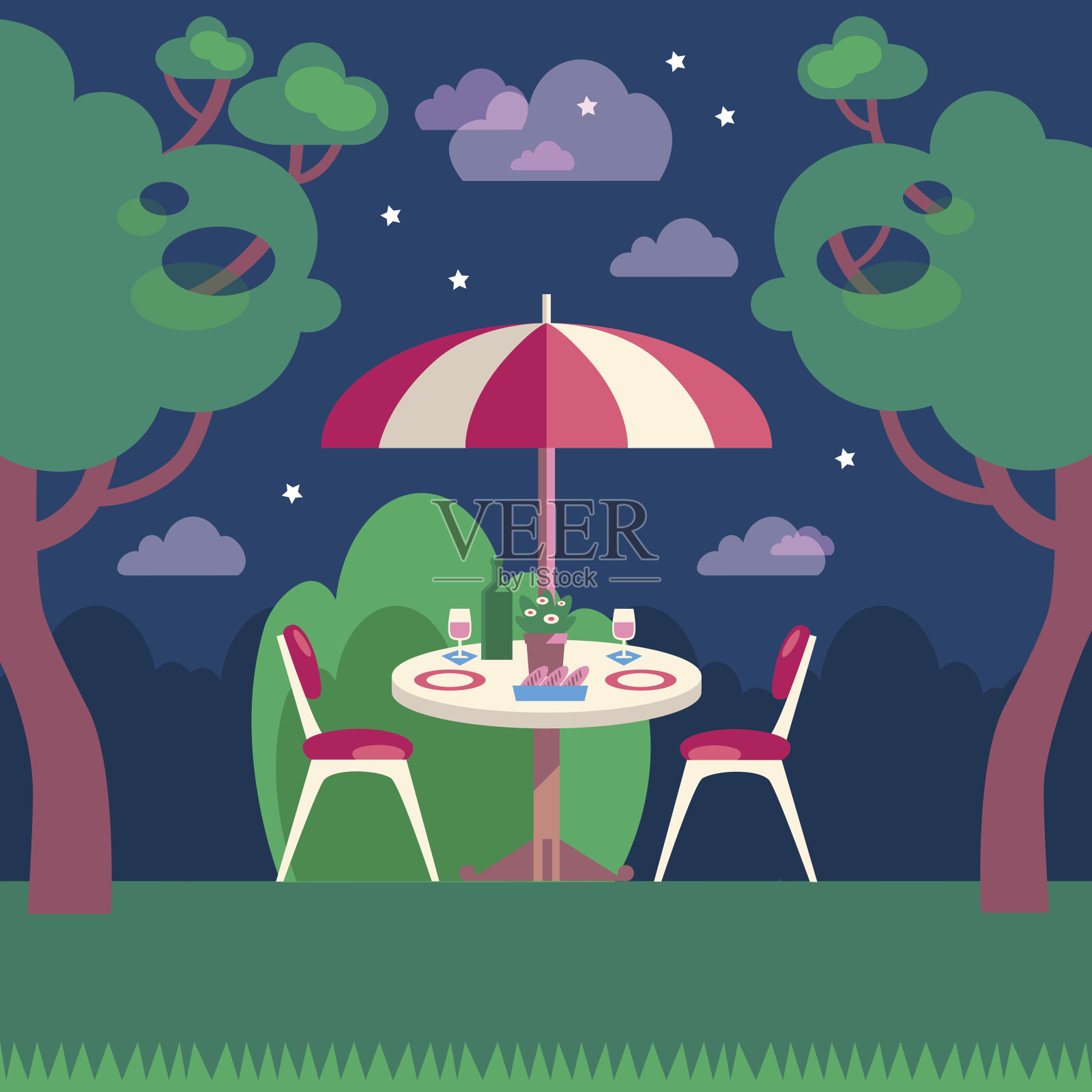 浪漫的双人野餐之夜。平面现代矢量图插画图片素材