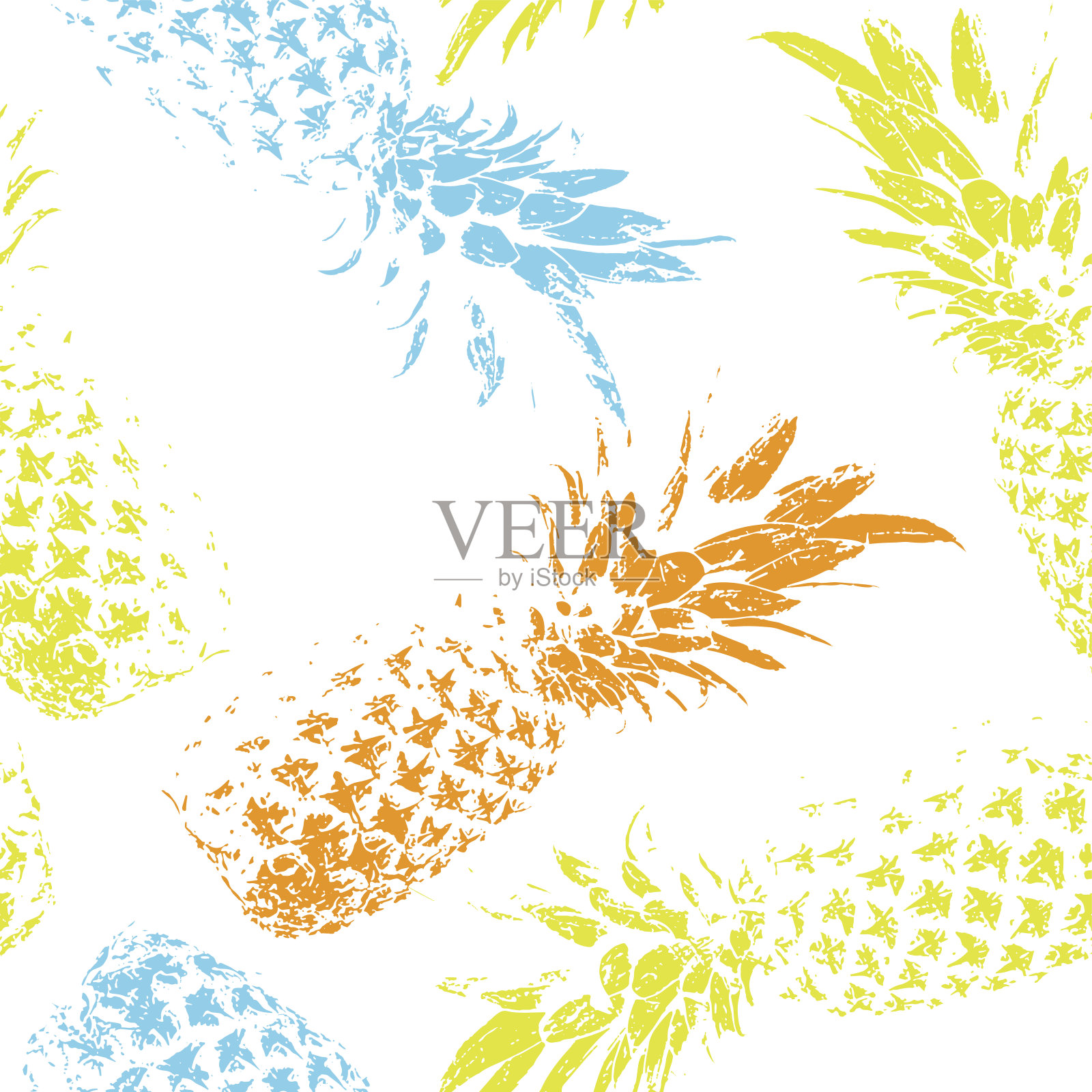 白色背景上的热带水果。明亮无缝图案与菠萝插画图片素材