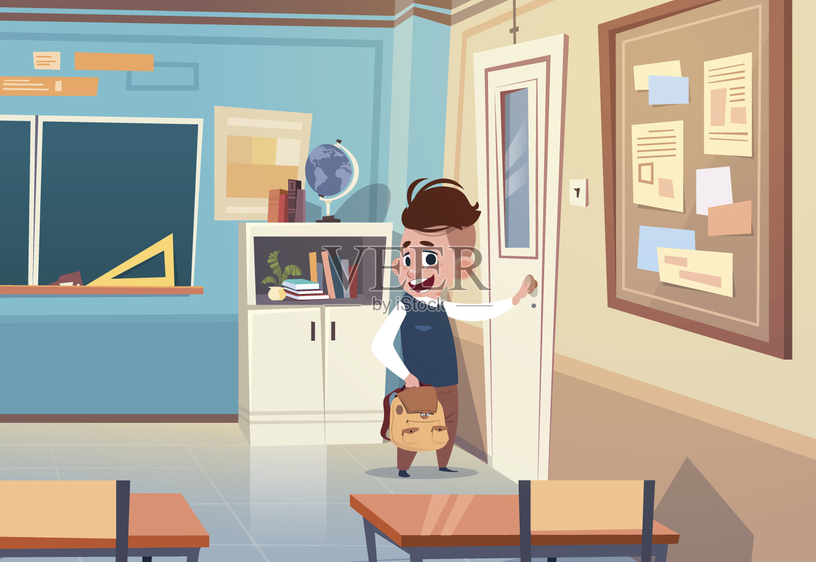 小男孩在教室里，小学生插画图片素材