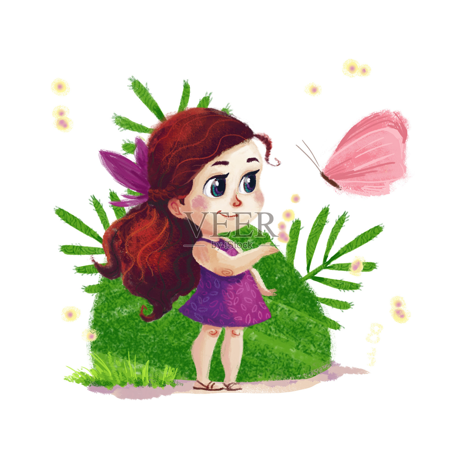 手绘的可爱的长头发的小女孩站在绿色的草地上，旁边的蝴蝶在白色的背景孤立。夏季儿童插画与自然元素。插画图片素材