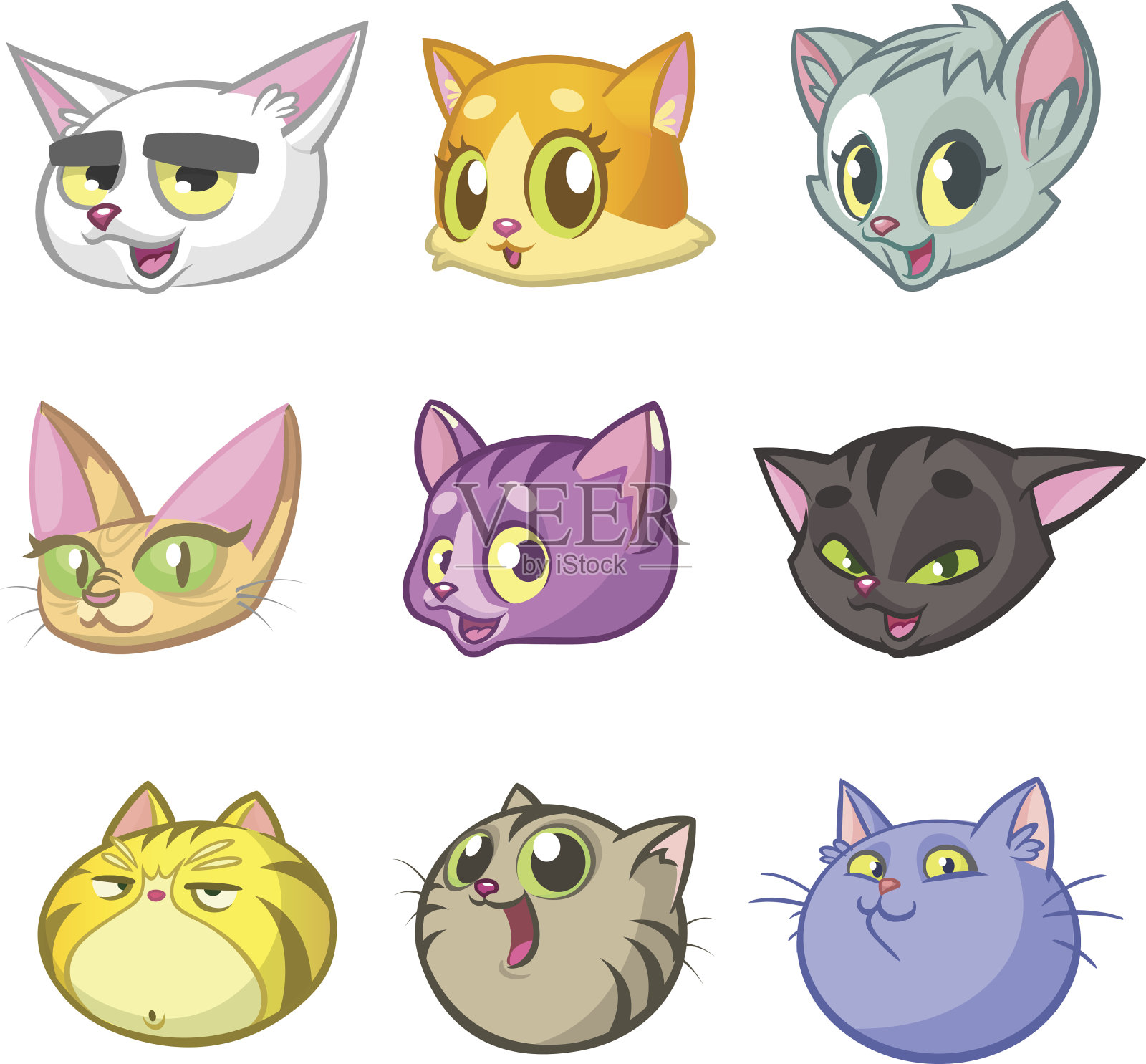 卡通插图不同的快乐猫头概述。集。矢量包彩色的猫图标。卡通斯芬克斯，缅因猫，暹罗猫，英国和国内设计元素图片