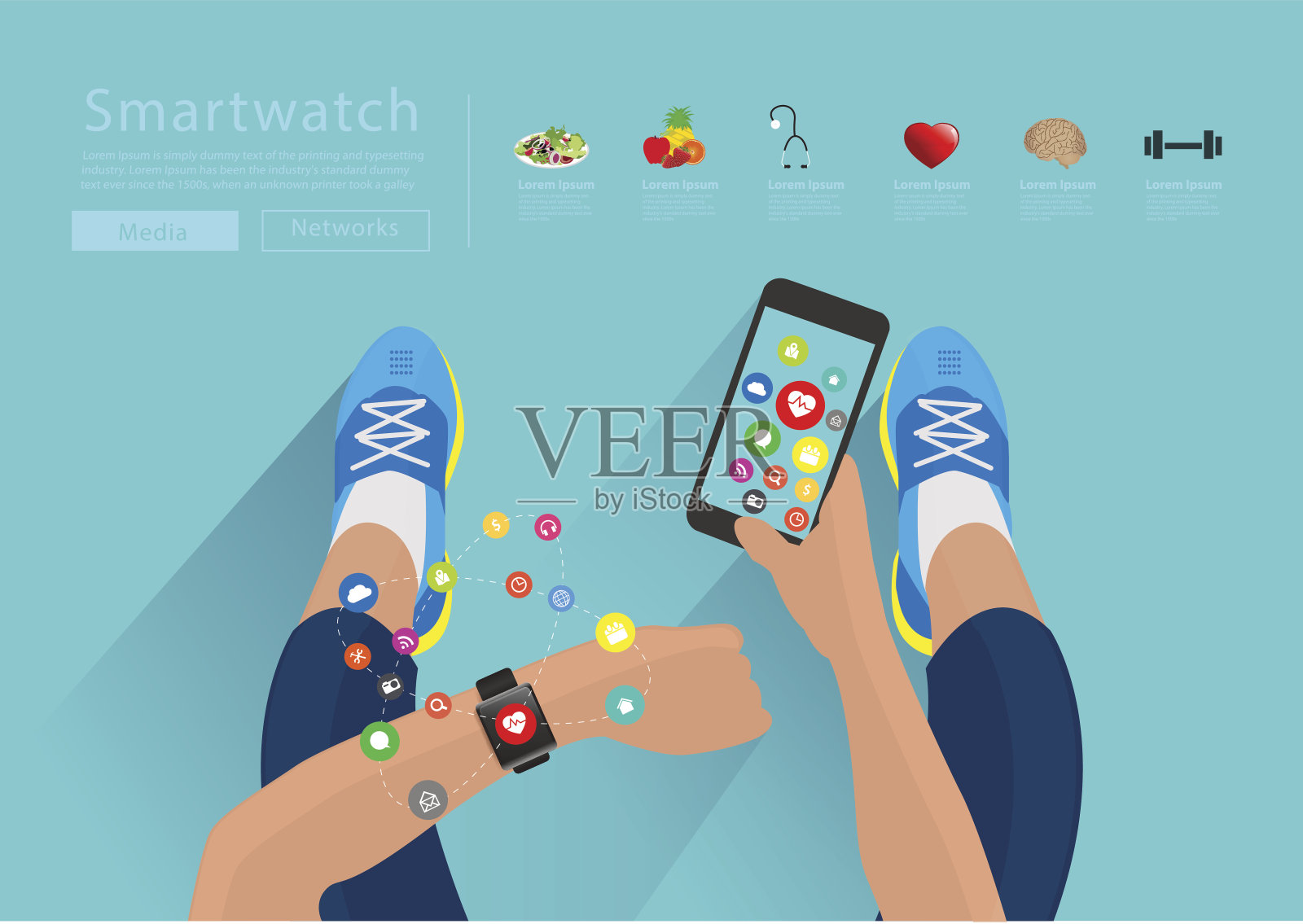 健身女性手戴表带触摸屏智能手表插画图片素材