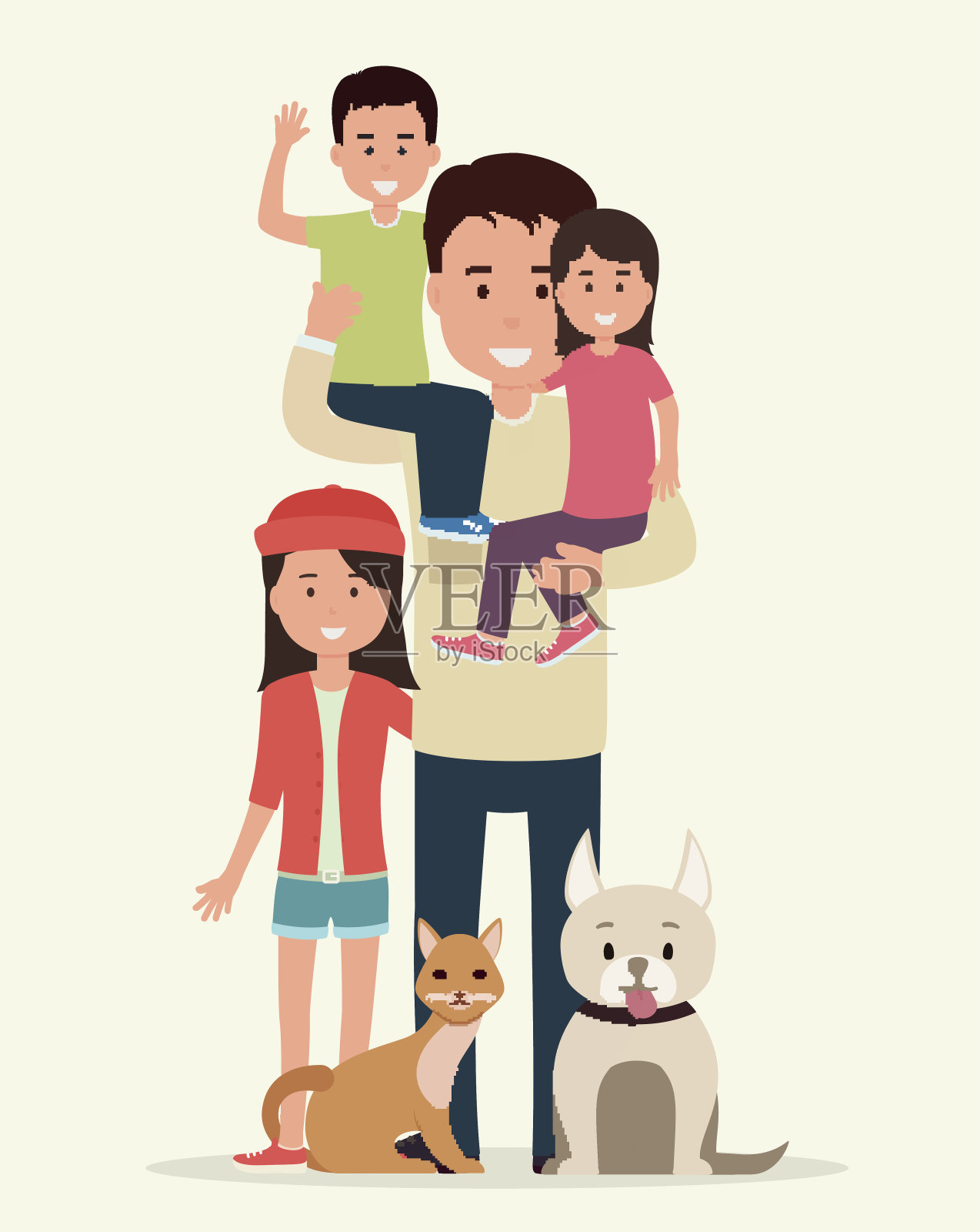 大家庭。父亲带着孩子和动物插画图片素材