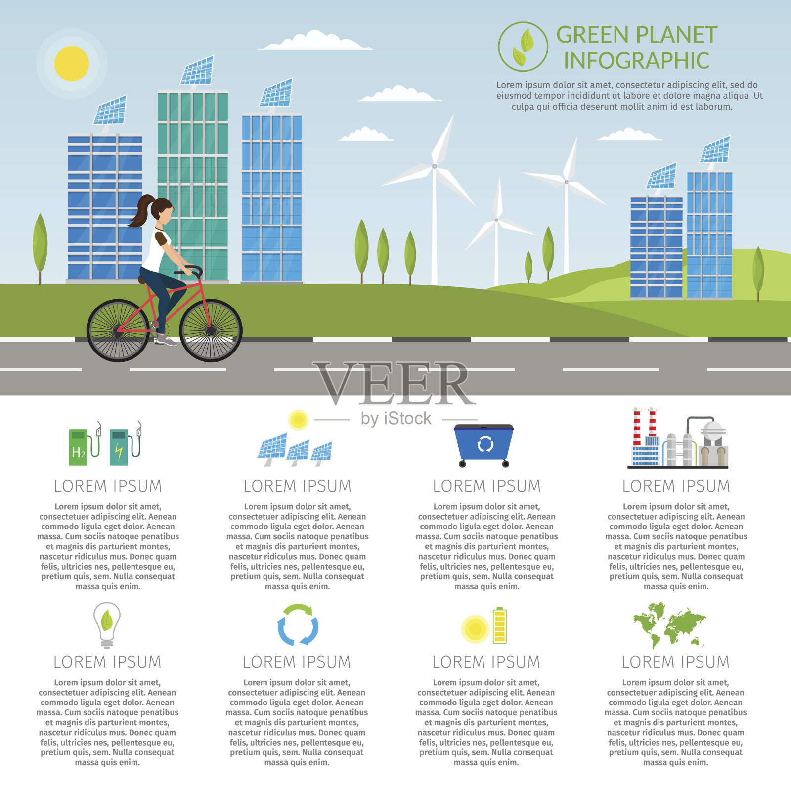 生态女孩自行车信息图向量元素插图和环境生态风险和污染。城市生活集插画图片素材