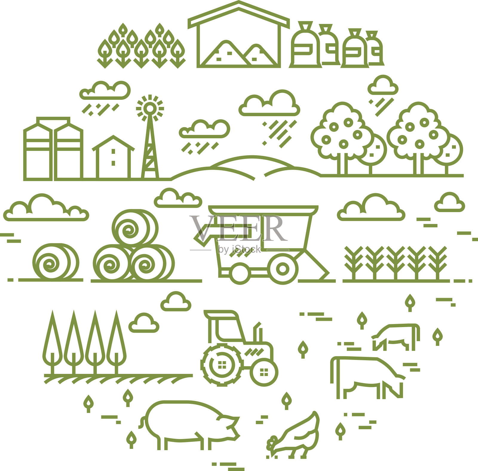 乡村景观和农业耕作细线图标插画图片素材