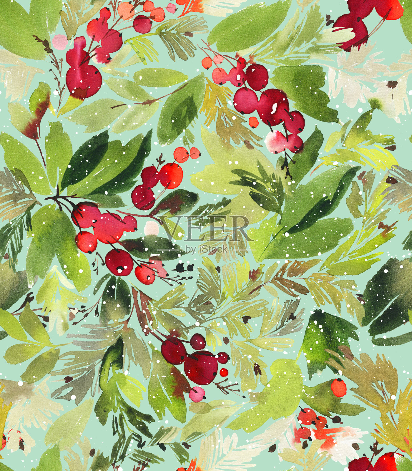 无缝水彩圣诞图案与浆果和云杉插画图片素材