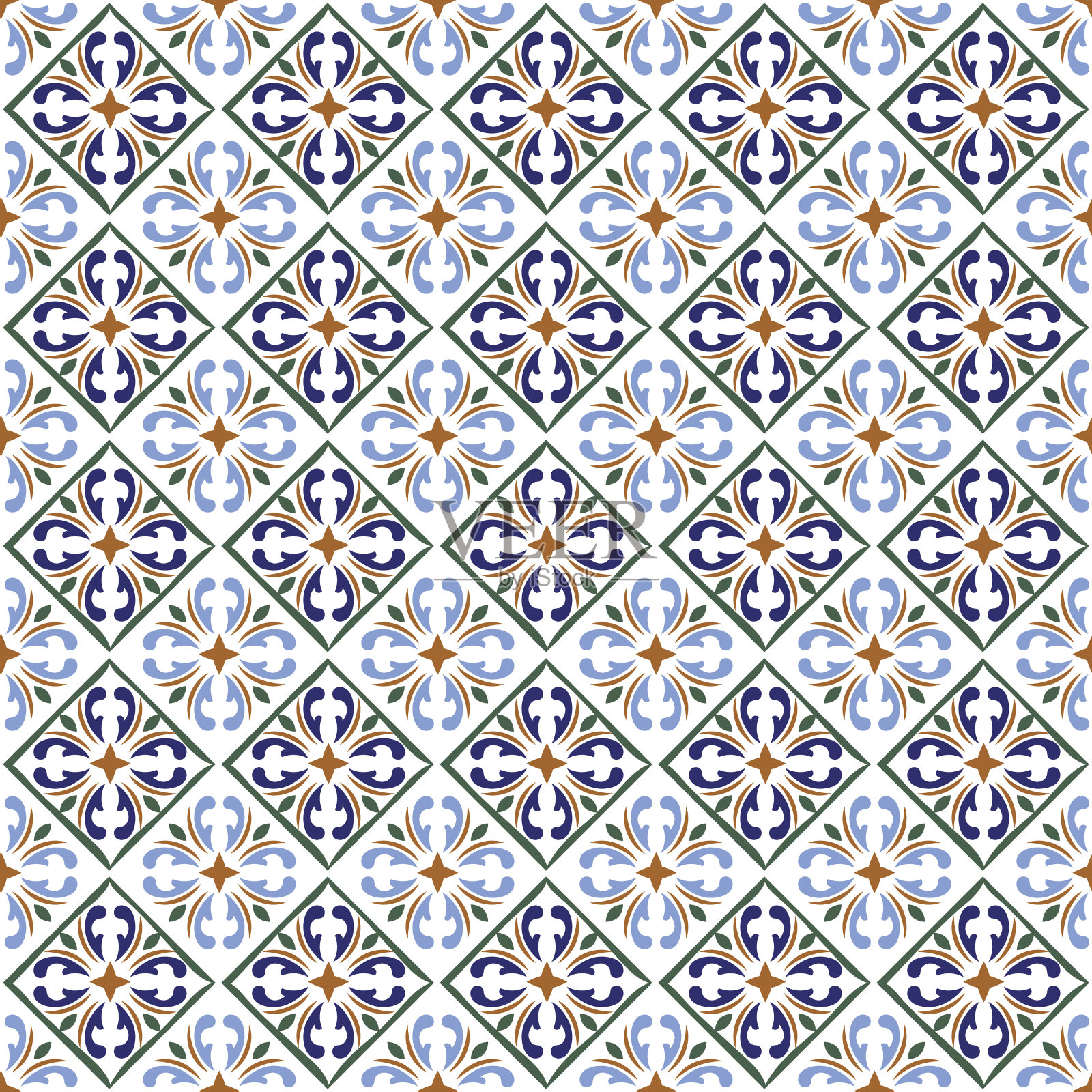 摩洛哥蓝色瓷砖印花或西班牙陶瓷表面矢量图案纹理插画图片素材