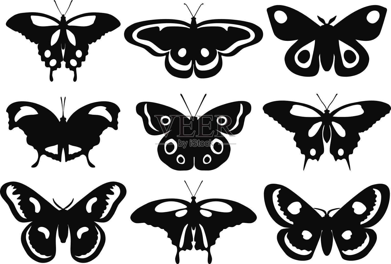 一组剪影蝴蝶孤立在白色的背景。矢量插图。设计元素图片