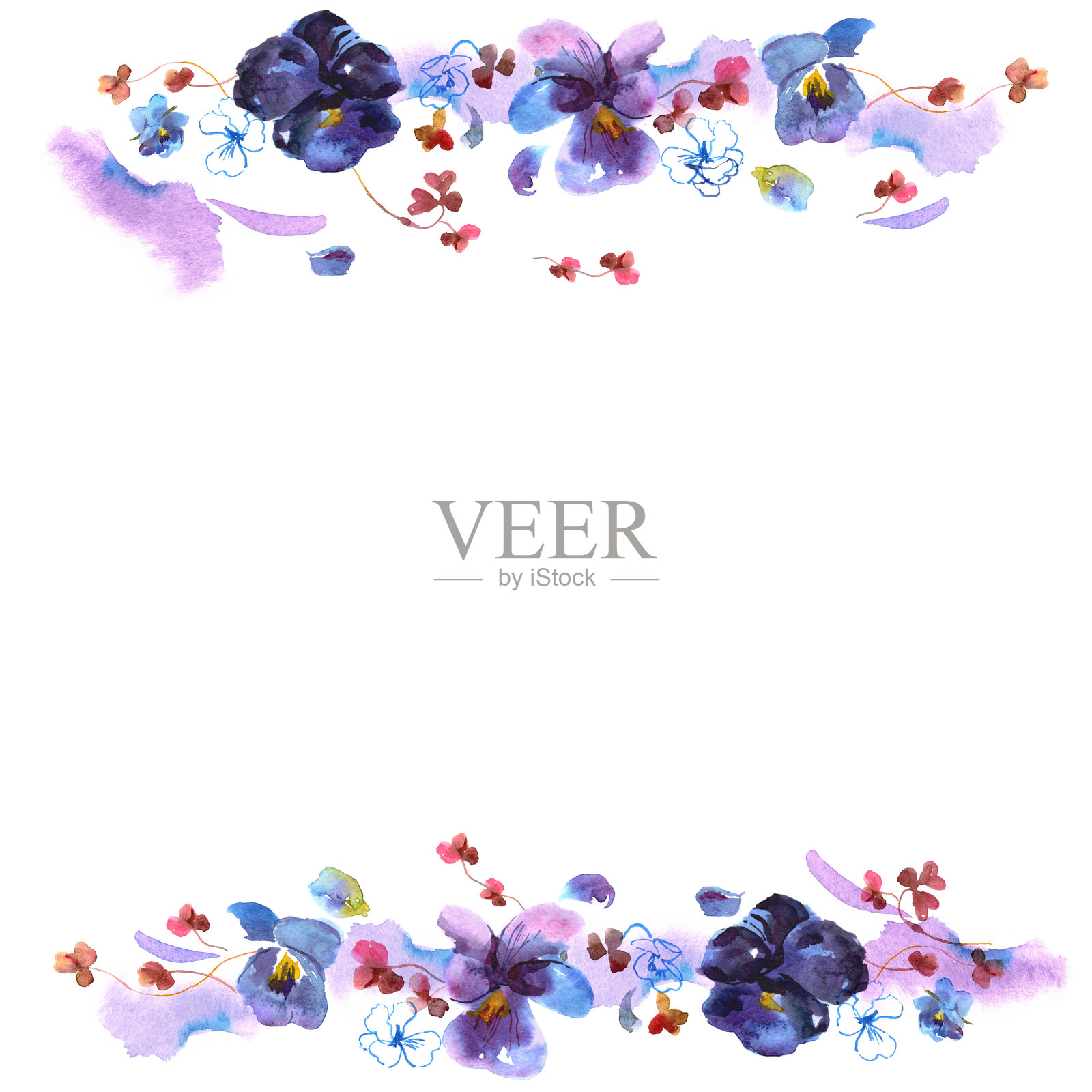可爱的水彩花框。背景与三色紫罗兰。插画图片素材