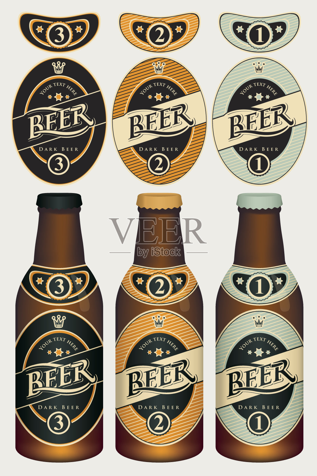 矢量啤酒标签三个啤酒瓶。插画图片素材