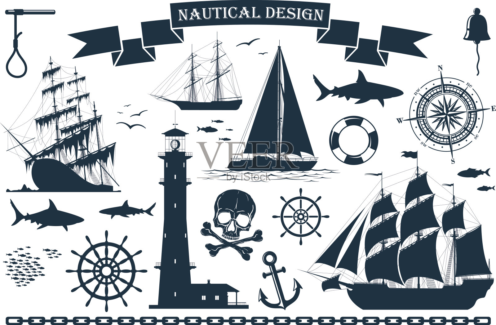 一套帆船与航海设计元素插画图片素材