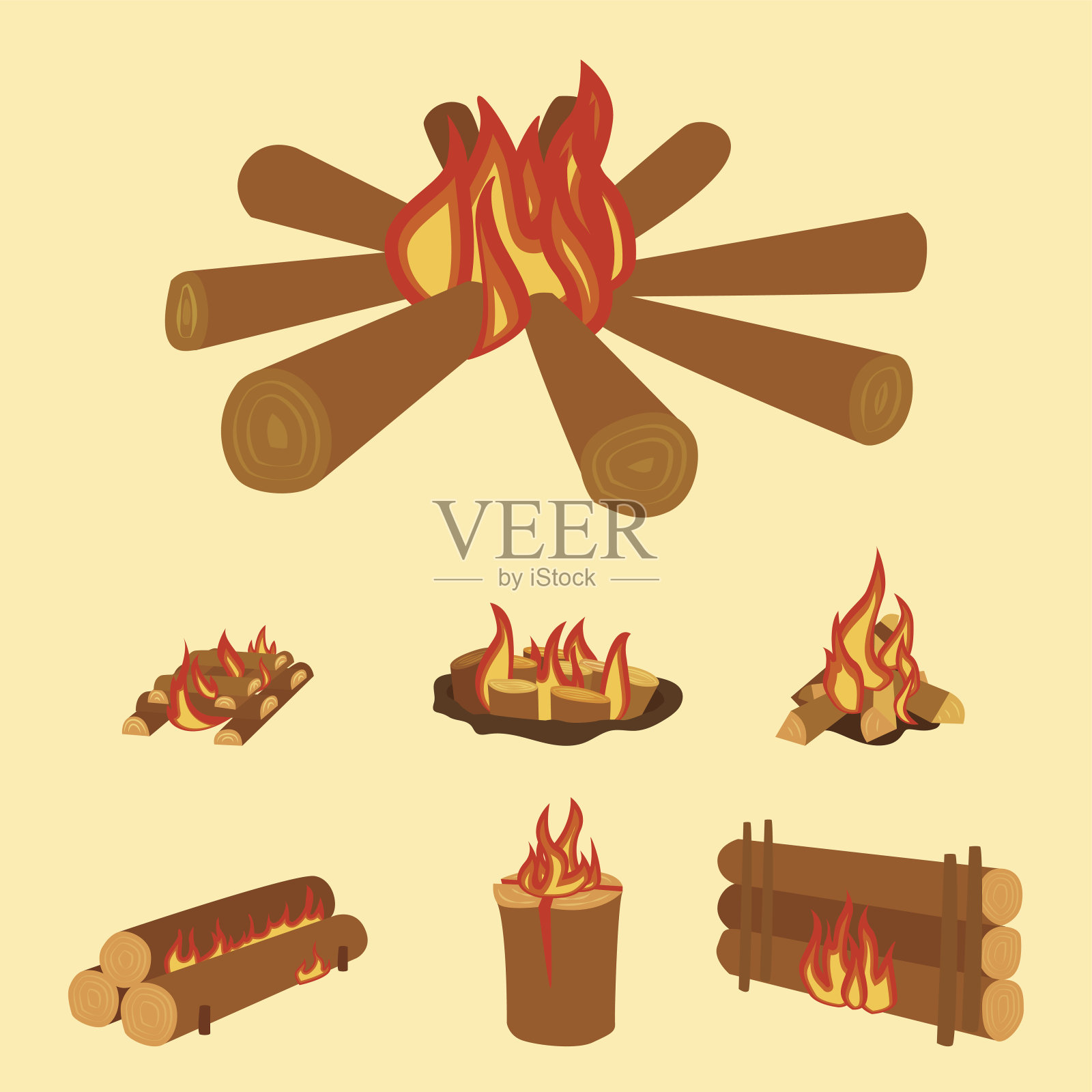 孤立插图的营火原木燃烧篝火和柴火堆栈向量设计元素图片